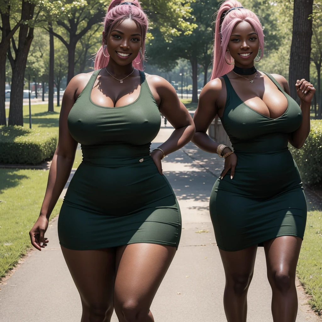 (masterpiece:1.2), (best quality:1.2), ((only one person:1)), {full body image:1},very huge breasts, huge ass, very wide hips, black woman, pink hair, long ponytail hair, Happy smile, realistic and detailed hands, realistic and detailed face, realistic and detailed tooth, realistic and detailed foots, realistic and detailed face, aviator sunglasses, park, walking on the trail, dark green short dress, extremely thicc.