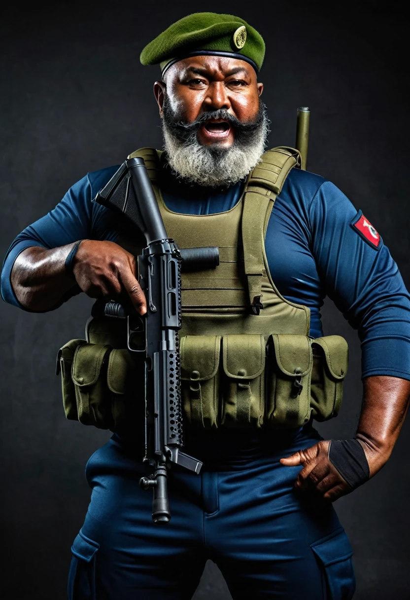 (a dark-skinned bearded fat old man in a skintight zipper diver suit) holding a gun and (wearing army beret on his head), muscular, Basuki Abdullah, sumatraism, action, a character portrait, heroic, fierce, snarling