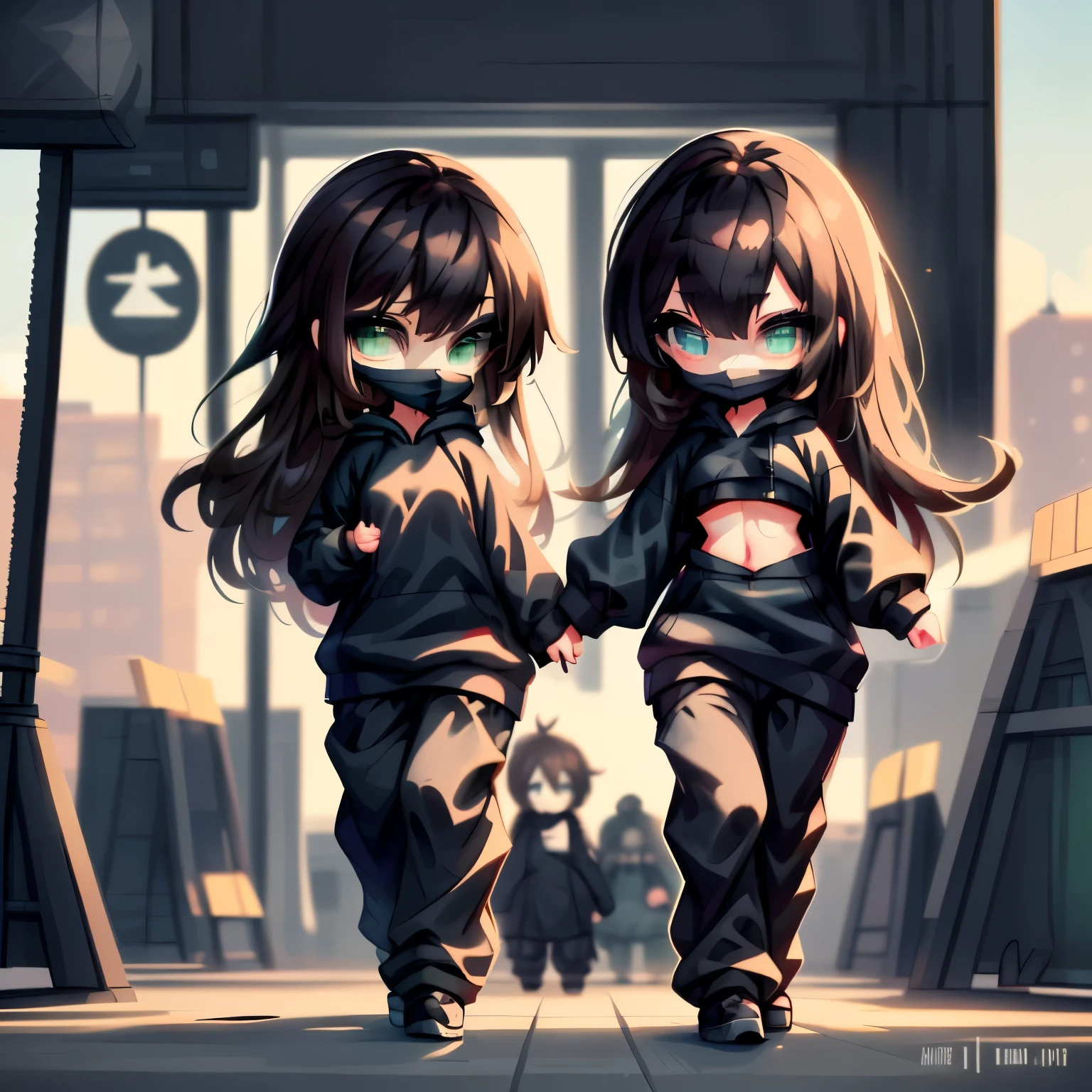 chibi, walking,
long_hair, brown_hair, no_bangs, blue_eyes, green_eyes, dreamy, mask, black_clothes, hoodie, black_hoodie, black_sweater, black_sweatpants, no_boobs, small_boobs, small_breasts, alan_walker, walker