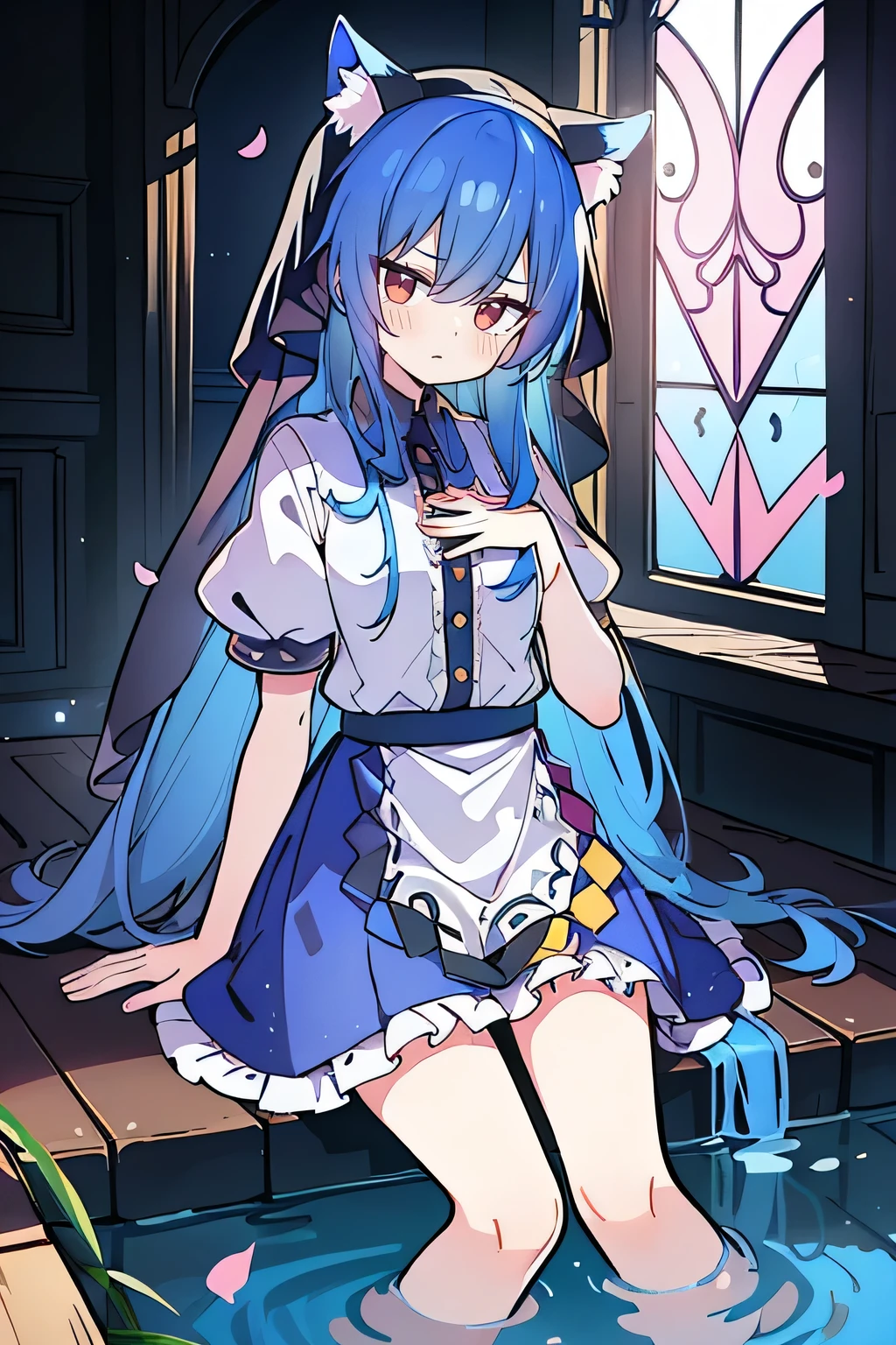 (masterpiece:1.2),Extremely detailed,Practical,expressive eyes,Fair skin,Perfect face shaping,1 Girl,
Japanese cartoons,Gorgeous blue hair, the long flowing blue hair,Floating clothes,Cat ears,Petals fall,beautiful lola,Young Angel,
Place your hands on your waist,sit elegantly on the ground,Cross your legs,Gentle and peaceful background,stately church,nun,lie on the water,Blackening,A look of disdain.