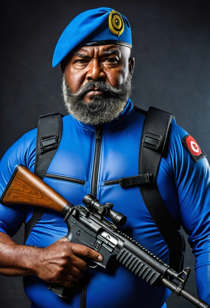 (a dark-skinned bearded fat old man in a skintight blue zipper diver suit) holding a gun and (wearing army beret on his head), muscular, Basuki Abdullah, sumatraism, action, a character portrait, heroic, fierce, snarling