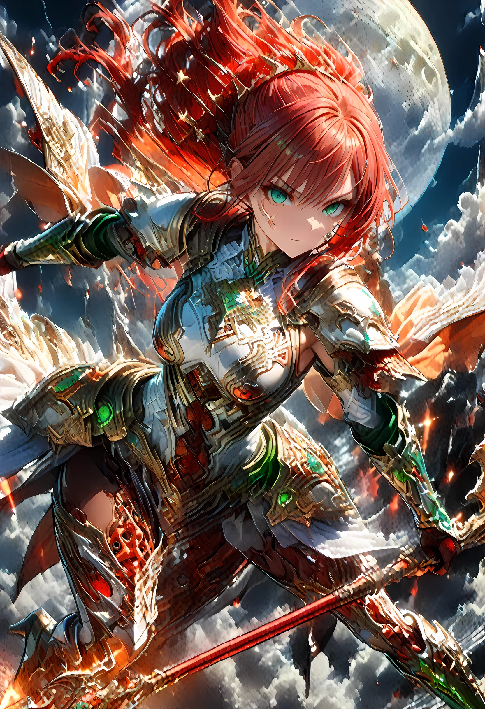 16k, ultra detailed, masterpiece, best quality, (extremely detailed), arafed, dnd art, panoramic view, full body, aasimar, female, (Masterpieceת intense details:1.3), female, sorceress, casting flaming spell(Masterpieceת intense details:1.3) large angelic wings, (azure: 1.3) angelic wings spread (Masterpieceת intense details:1.3), fantasy magical heaven background (Masterpieceת intense details:1.3), moon, stars, clouds, wearing white armor (Masterpieceת intense details:1.3), high heeled boots (Masterpieceת intense details:1.3), armed with staff, (red hair: 1.4), (green eyes: 1.4), intense eyes, ultra feminine, ultra detailed face, (Masterpieceת intense details:1.5), (anatomically correct: 1.5), determined face, divine light, cinematic lighting, soft light, silhouette, photorealism, panoramic view ((Masterpieceת intense details:1.3) , Wide-Angle, Ultra-Wide Angle, 16k, highres, best quality, faize, 3D rendering