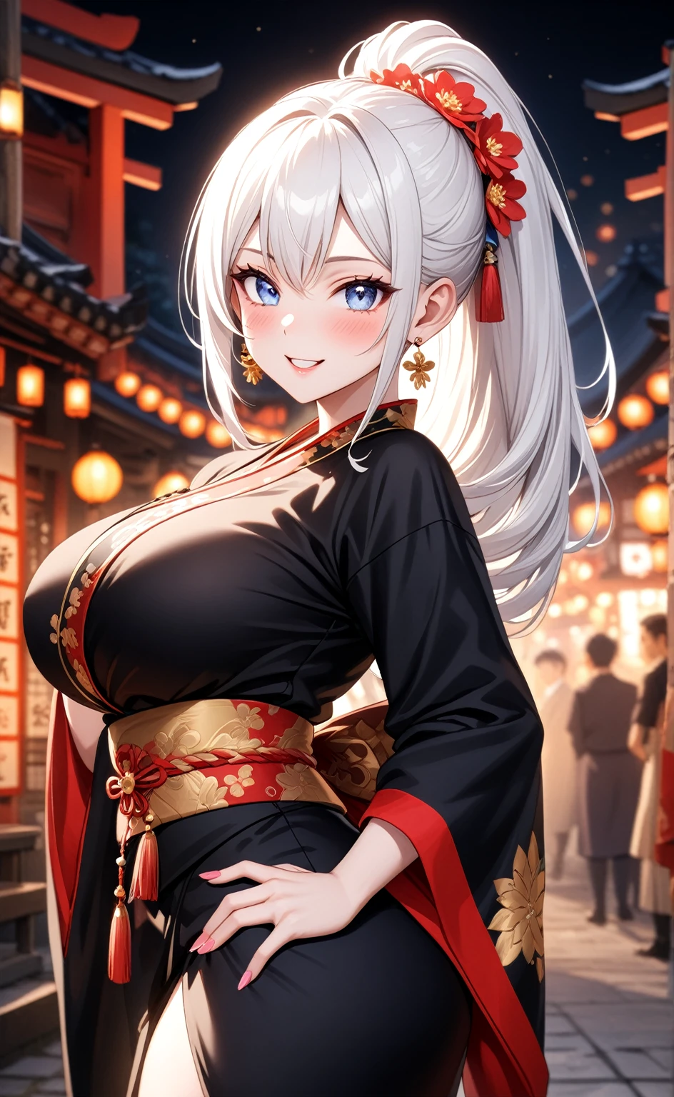 ((one personの女性)), Beautiful Face,Laugh shyly,((Wink:1.7)),Laughing with your mouth open,turn bright red,Glossy pink lips,night,Shrine festival sexpensives,((Anime style background)),masterpiece, highest quality, so beautiful, Latest, Complex details, (Pink long nails),AI-generated, Complex,High resolution, highest quality, super high quality,3D Images、View your viewers、3D Images,one person,Long white hair,High Ponytail,blue eyes,Anime woman posing for a photo, [[fine grain、Colorful eyes、Shining Eyes:1.15]],(Squint your eyes:1.1),a hyperRealistic , hyperRealistic , Realistic,Anime woman with long and white hair, Smooth anime CG art, A woman in a colorful kimono with gold embroidery, (Black kimono),Red floral pattern,Long flower hair ornament,Big earrings,(Big Breasts:1.1),Mature Body,expensive,Big Ass,Fine details,Tight waist,Abdominal muscles,(Face close-up:1.5),Tilt your face,Shooting from an angle,(Bending the hips)