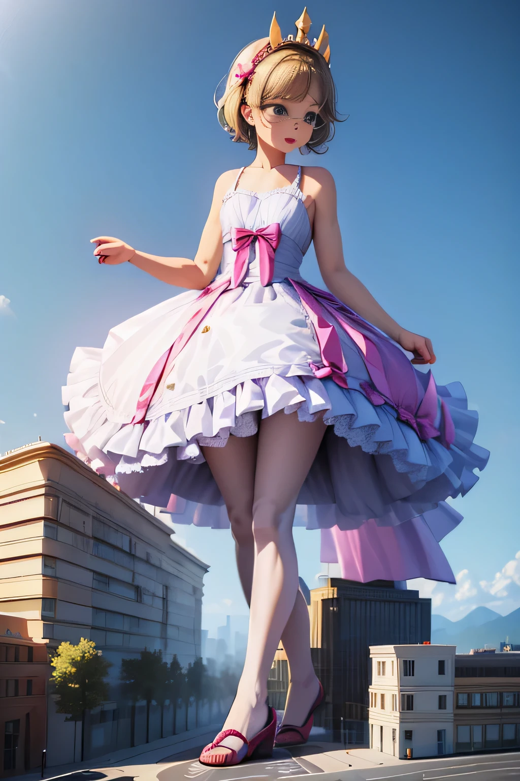 giantess art, highly detailed giantess shots, giantess, Two legs, Five fingers, short hair, super giant princess, A beautiful girl who is bigger than any skyscraper, Wearing rimless glasses, smile, Big Breasts, White gorgeous dress, White Pantyhose, white pantyhose, White stiletto sandals, toes visible through pantyhose, Destroying cities, A very small big city, Miniature metropolis, Full body description, GTS, giga giantess, stomping city, crash city, tiny city, micro city, pantyhose feet, High resolution, highest quality, masterpiece, princess dress, city in flames, ruins,