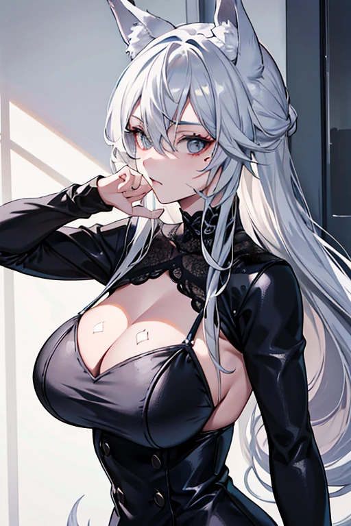 best qualtiy,tmasterpiece,The is very detailed,4K,Gray hair and shallow eyes,Drag cool expressions,Wolf ears,Erect scar on the left eye,British style,1girl,Absolutely beautiful, big bust