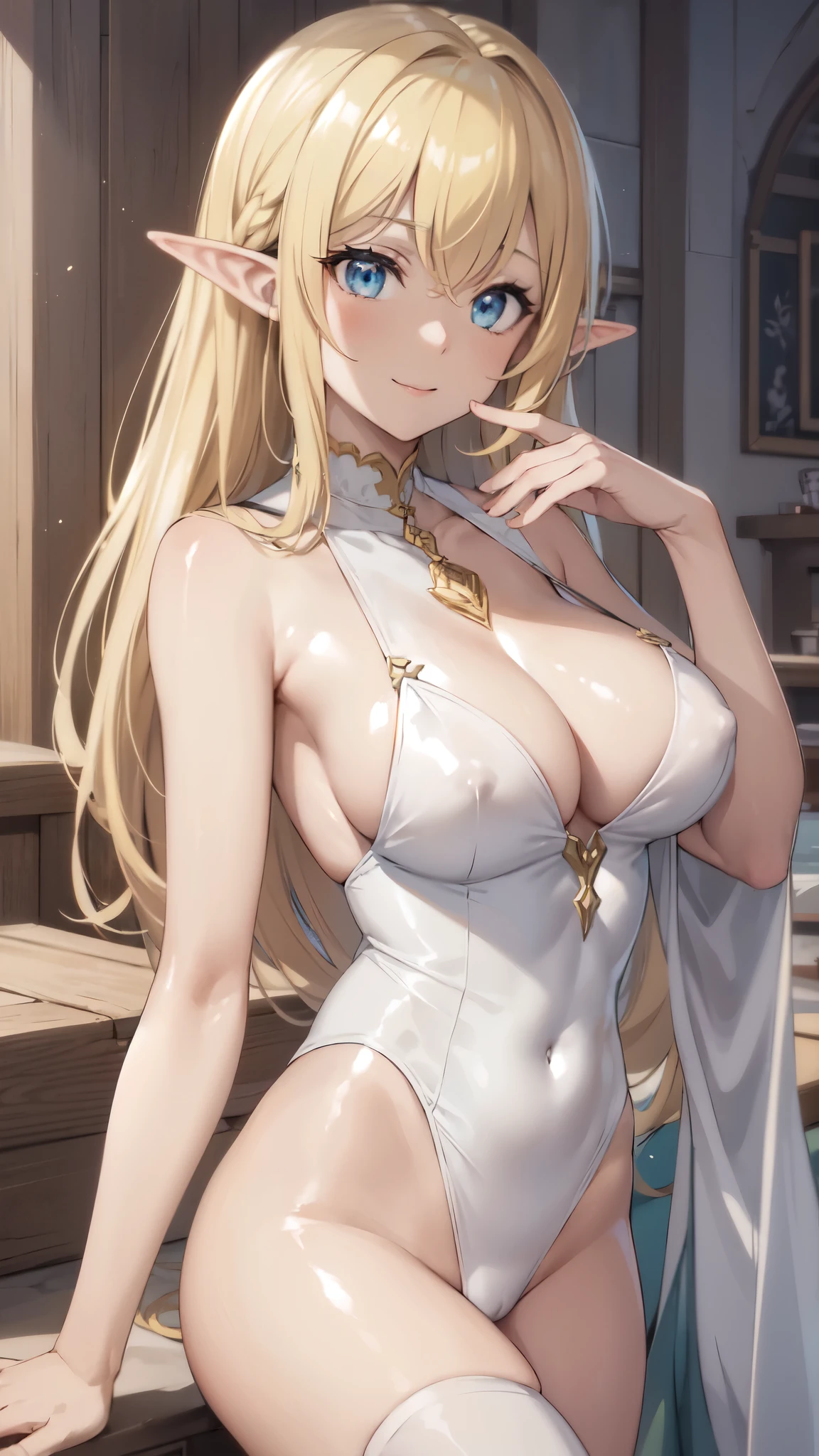 (Upper Body:1.3),medium shot,anime,masterpiece,gravure, 8k,Realistic, Beautiful woman,Elegant mature elven woman, Elf Ears,blue eyes, gravureポーズ,NSFW,(Aesthetic Anime Eyes:1.3),(large breasts),Blonde Hair, (White bodysuit), smile,Beautiful breasts,8K resolution, High quality CG, Beautiful CG, Soft Light,looking at viewer,(24-years-old),