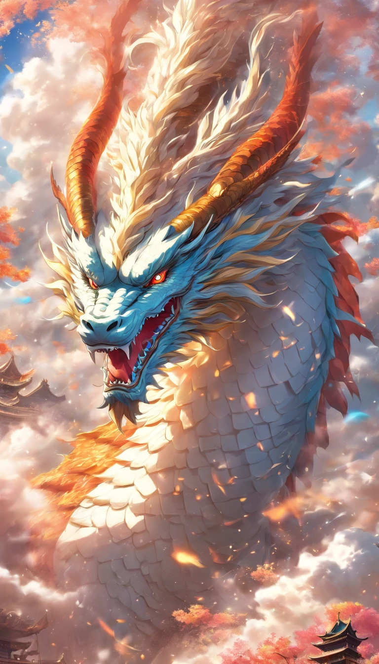 (tmasterpiece), (Best quality at best), Cinematic quality,Rendered by Octane,Ultra-detailed details,Cloud dragon composed of white clouds,Huge Chinese dragon,Slender dragon body,body of revolution,Dragon tail,Dragon's Horn,dragon claw,