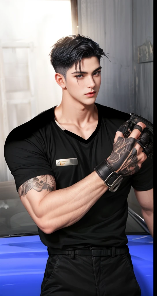 masterpiece, 1boy, adult, handsome, black hair, undercut hair, perfect face, detailed eyes and face, black eyes, clean shaved, muscular, capturing a rural atmosphere, dynamic lighting, unreal engine 5,
