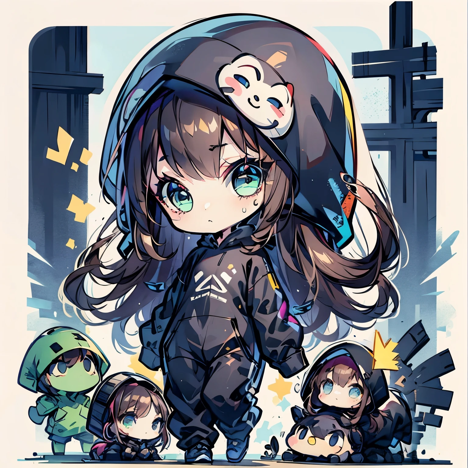 chibi, walking
long_hair, brown_hair, no_bangs, blue_eyes, green_eyes, dreamy, mask, black_clothes, hoodie, black_hoodie, black_sweater, black_sweatpants, no_boobs, small_boobs, small_breasts, alan_walker, walker

