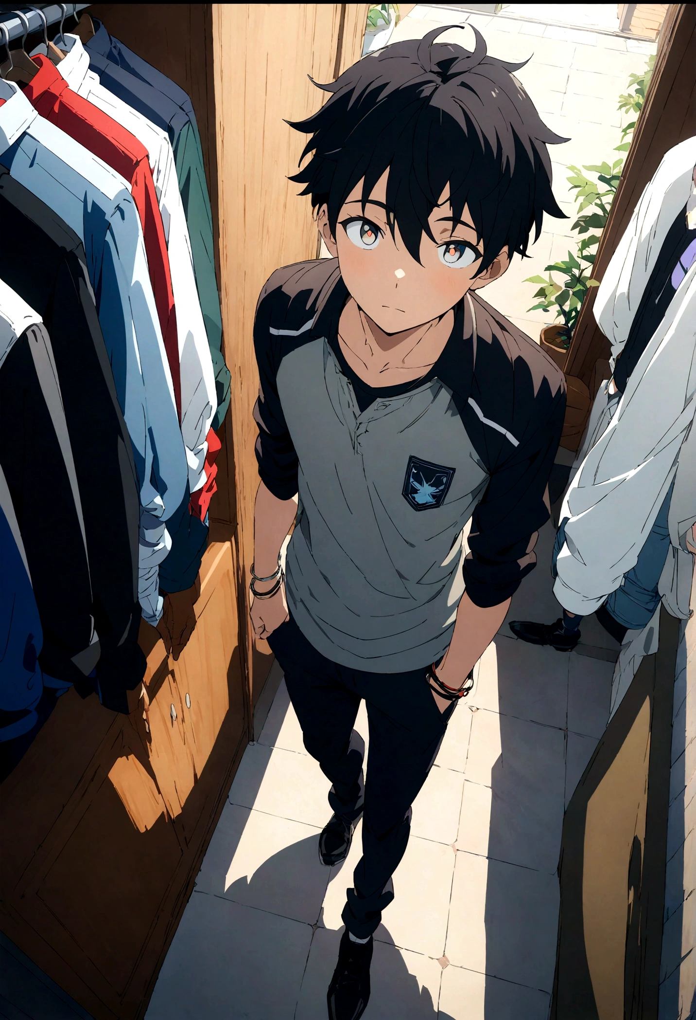 boys,,,,,,boys,,,,,,male protagonist,,,Bright Eyes,Black Hair,Refreshing,Refreshing Boys,bright personality,Men's Center,A rich expression,bracelet,Athletic Department Boys' Dormitory,Pure Innocence,Black and White,Casual clothes,creation,high resolution,4k,8k,quasi-masterpiece,highest quality,Makoto Shinkai Style,Cel animation art,Anime Style,Light and Dark,light and dark,thin limbs,