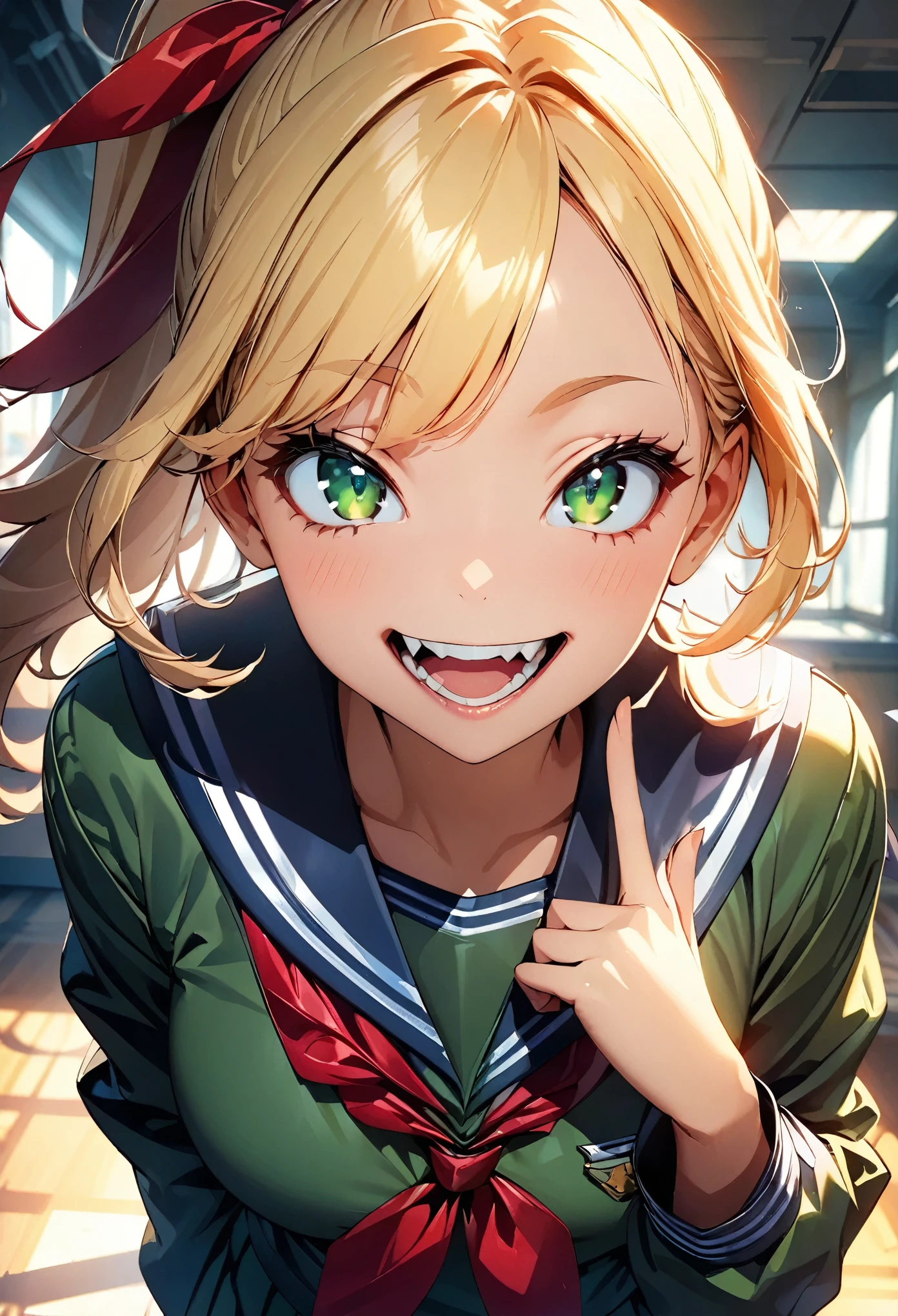 (highest quality:1.2, 4K, 8k, Studio Anime, Very detailed, up to date, Vibrant, High detail, High Contrast, masterpiece:1.2, highest quality, Best aesthetics), (((1 girl))), jk, , illustration texture, Bright colors, Soft lighting, blonde, ponytail, Red ribbon, ((Beautiful fine details, Slanted Eyes, Green Eyes)), Beautiful lip detail, playful look, ((Sailor suit:1.2, White and dark green uniform)), ((Point to viewers:1.4)), Correct fingers, (crazy smile:1.4, Open your mouth), A competitive yet friendly atmosphere, School Background, Striking contrast,