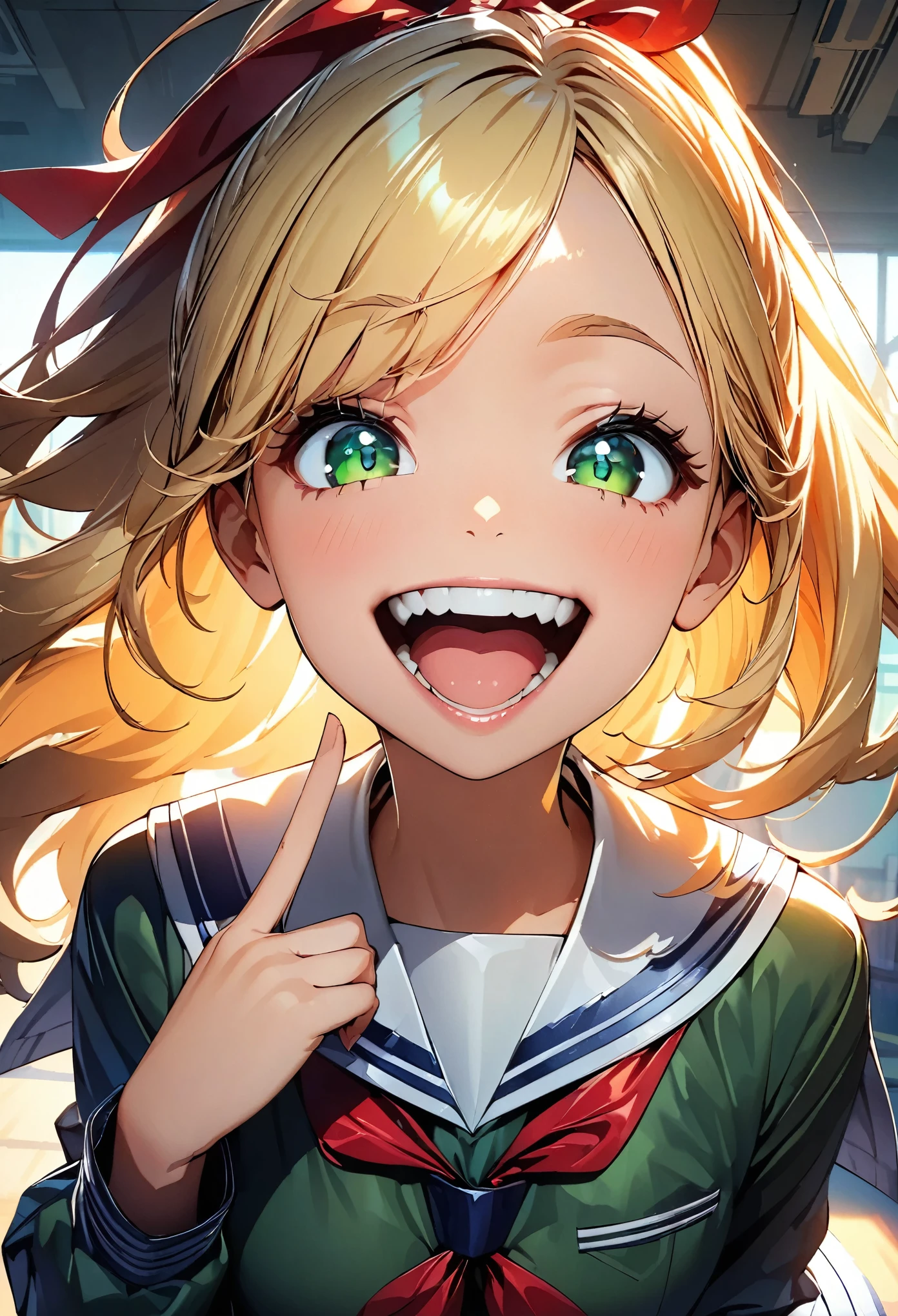 (highest quality:1.2, 4K, 8k, Studio Anime, Very detailed, up to date, Vibrant, High detail, High Contrast, masterpiece:1.2, highest quality, Best aesthetics), (((1 girl))), jk, , illustration texture, Bright colors, Soft lighting, blonde, ponytail, Red ribbon, ((Beautiful fine details, Slanted Eyes, Green Eyes)), Beautiful lip detail, playful look, ((Sailor suit:1.2, White and dark green uniform)), ((Point to viewers:1.4)), Correct fingers, (crazy smile:1.4, Open your mouth), A competitive yet friendly atmosphere, School Background, Striking contrast,