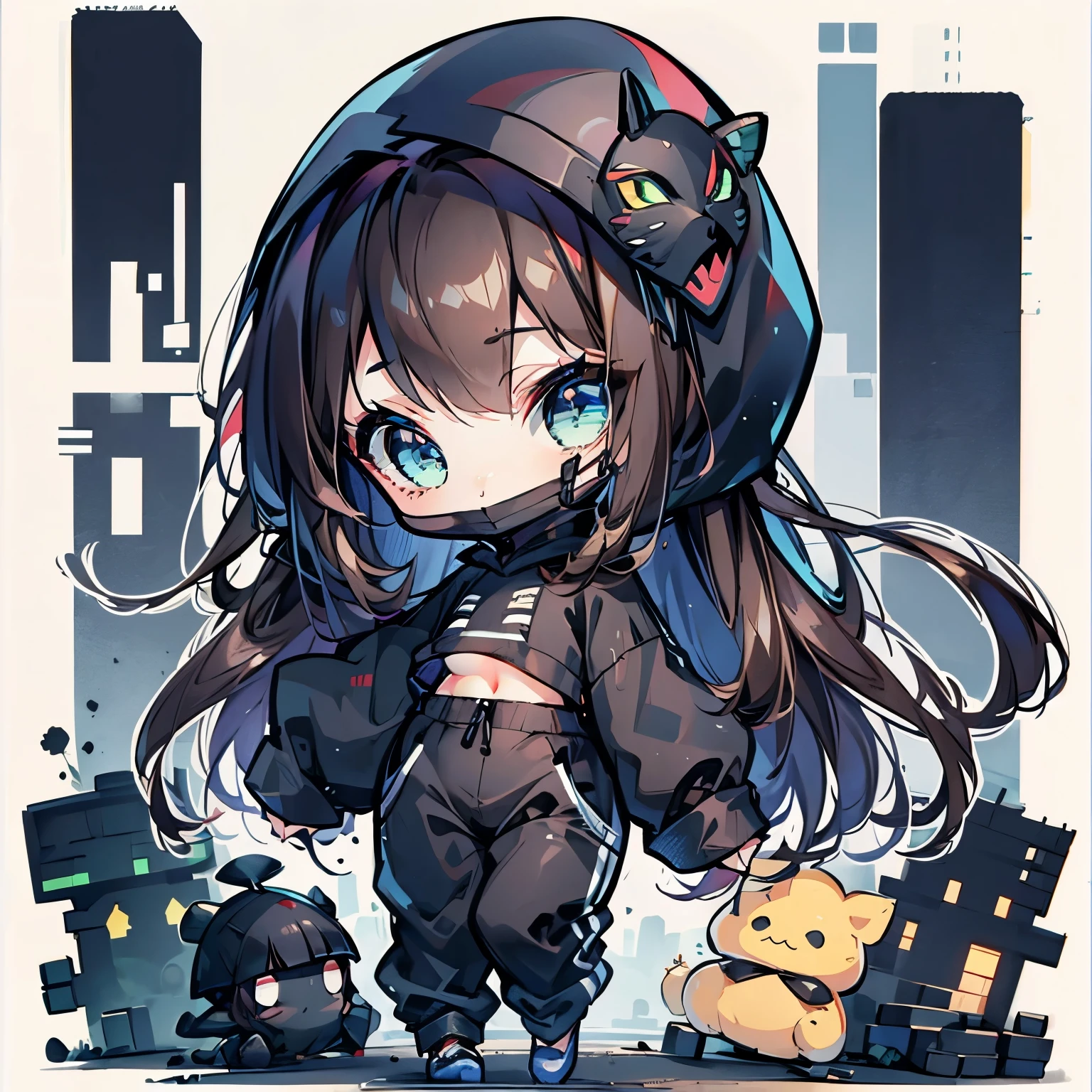 chibi, walking
long_hair, brown_hair, no_bangs, blue_eyes, green_eyes, dreamy, mask, black_clothes, hoodie, black_hoodie, black_sweater, black_sweatpants, no_boobs, small_boobs, small_breasts, alan_walker, walker

