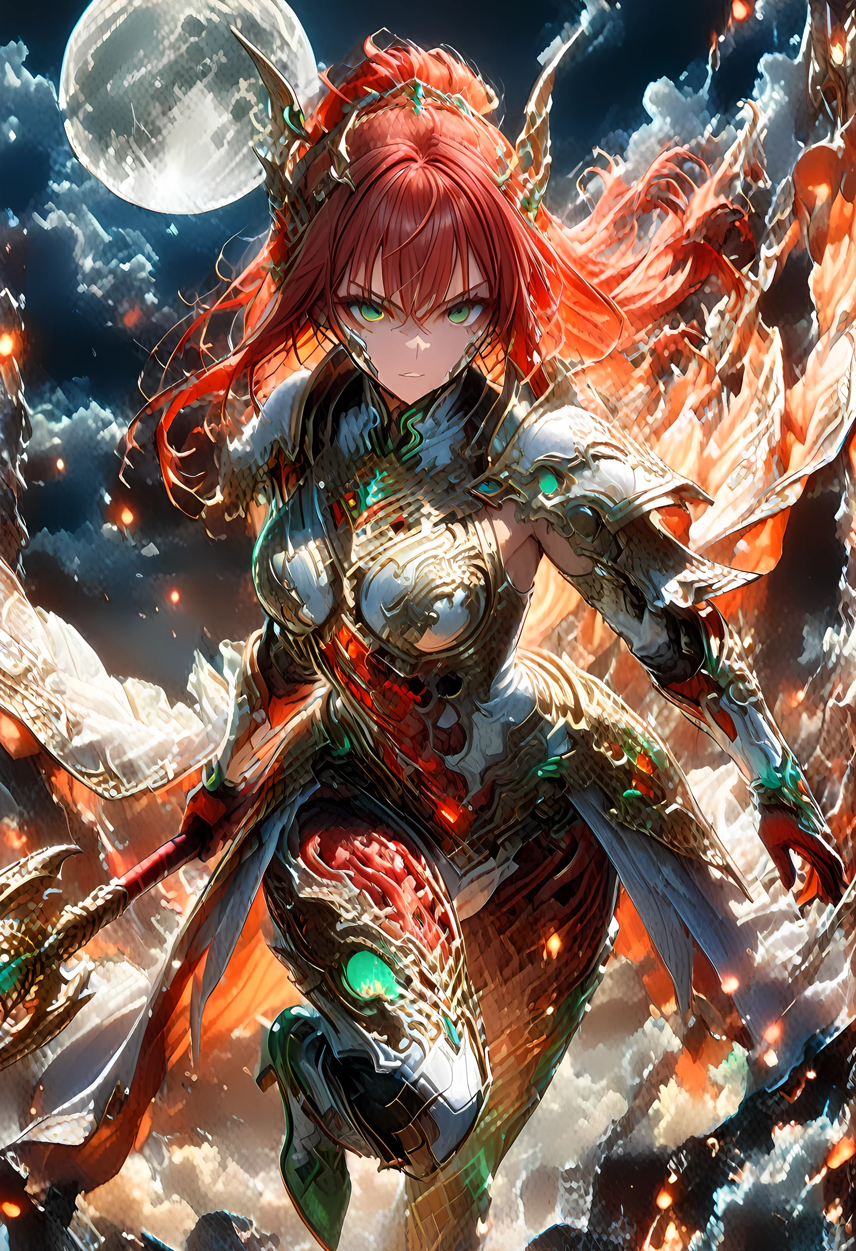 16k, ultra detailed, masterpiece, best quality, (extremely detailed), arafed, dnd art, panoramic view, full body, aasimar, female, (Masterpieceת intense details:1.3), female, sorceress, casting flaming spell(Masterpieceת intense details:1.3) large angelic wings, (azure: 1.3) angelic wings spread (Masterpieceת intense details:1.3), fantasy magical heaven background (Masterpieceת intense details:1.3), moon, stars, clouds, wearing white armor (Masterpieceת intense details:1.3), high heeled boots (Masterpieceת intense details:1.3), armed with staff, (red hair: 1.4), (green eyes: 1.4), intense eyes, ultra feminine, ultra detailed face, (Masterpieceת intense details:1.5), (anatomically correct: 1.5), determined face, divine light, cinematic lighting, soft light, silhouette, photorealism, panoramic view ((Masterpieceת intense details:1.3) , Wide-Angle, Ultra-Wide Angle, 16k, highres, best quality, faize, 3D rendering
