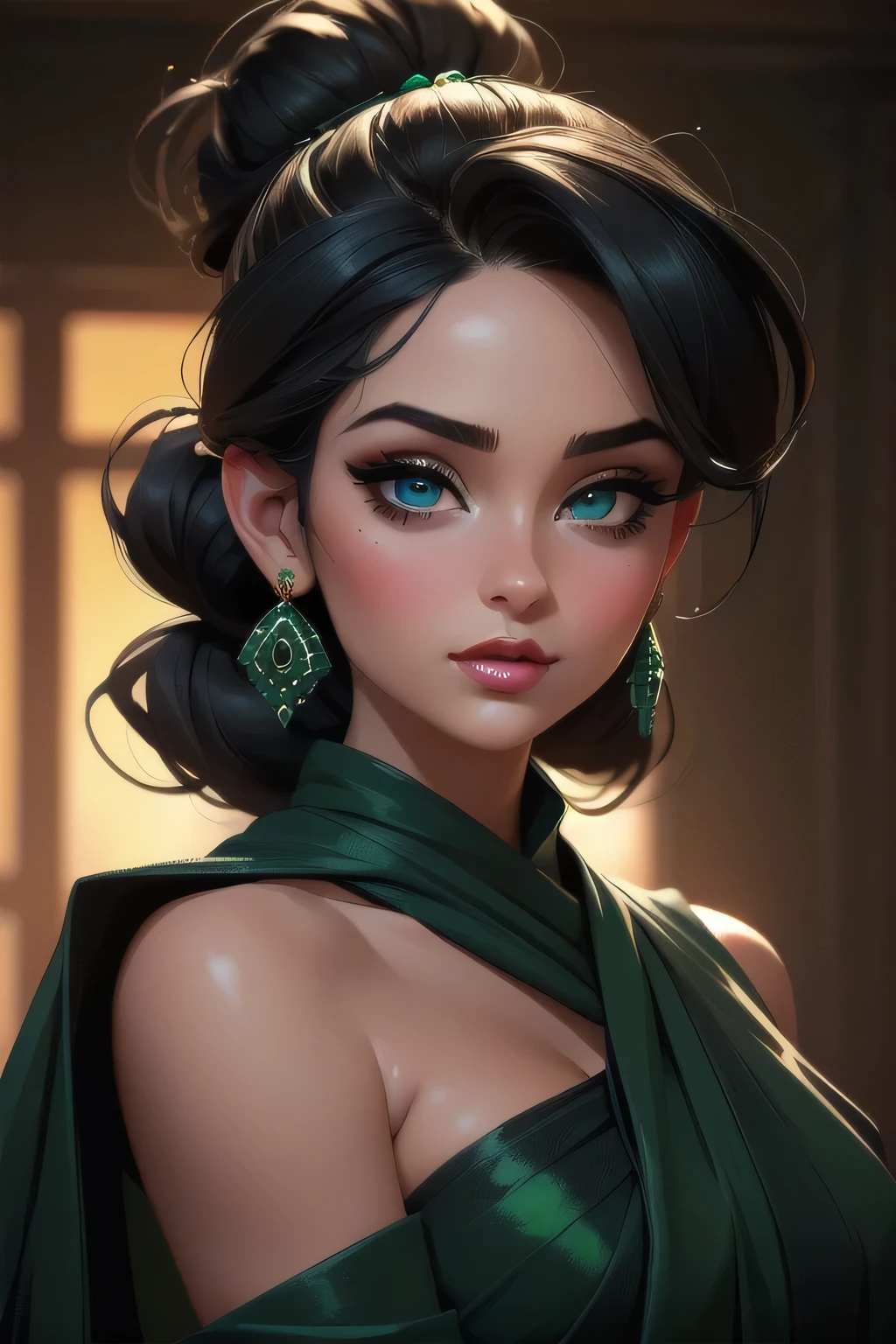  Amazing portrait of a sexy woman with a beautiful face emphasized by amazing makeup and beautifully detailed eyes with perfect lips wearing her black hair in a messy bun blushing intensely as she's flustered and lustful wearing some elegant earrings and a black blouse paired with a sheer dark green saree making her look hot with vibrant colors and soft lighting