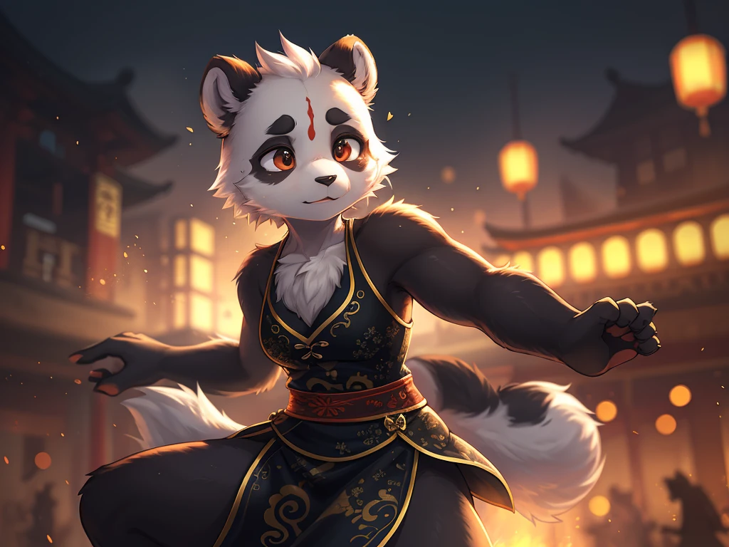Ink painting , Hallucination, daydream , bokeh , hairy fur , messy slender panda girl , china dress , Chest protrusion , Chinese Panda pattern face , Kung Fu action , Do Tai Chi , Fluttering in the wind