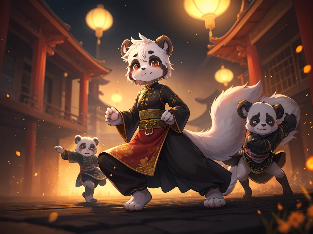 Ink painting , Hallucination, daydream , bokeh , hairy fur , messy slender panda girl , china dress , Chest protrusion , Chinese Panda pattern face , Kung Fu action , Do Tai Chi , Fluttering in the wind