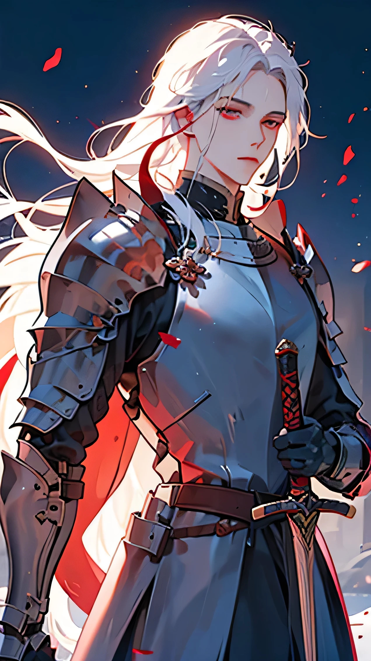 ((best quality)), ((masterpiece)), (detailed), perfect face, white skin, white hair, long hair, red eyes, albino male, knight, black great sword, big sword, red armor, luxurious armor, fantasy, Fantastic light, world of swords and magic, detailed hands, Gloomy expression, A magic swordsman with great magical powers hidden within, Long white hair blowing in the wind, textured skin, high quality, highres, 8k, reflection light, ray tracing