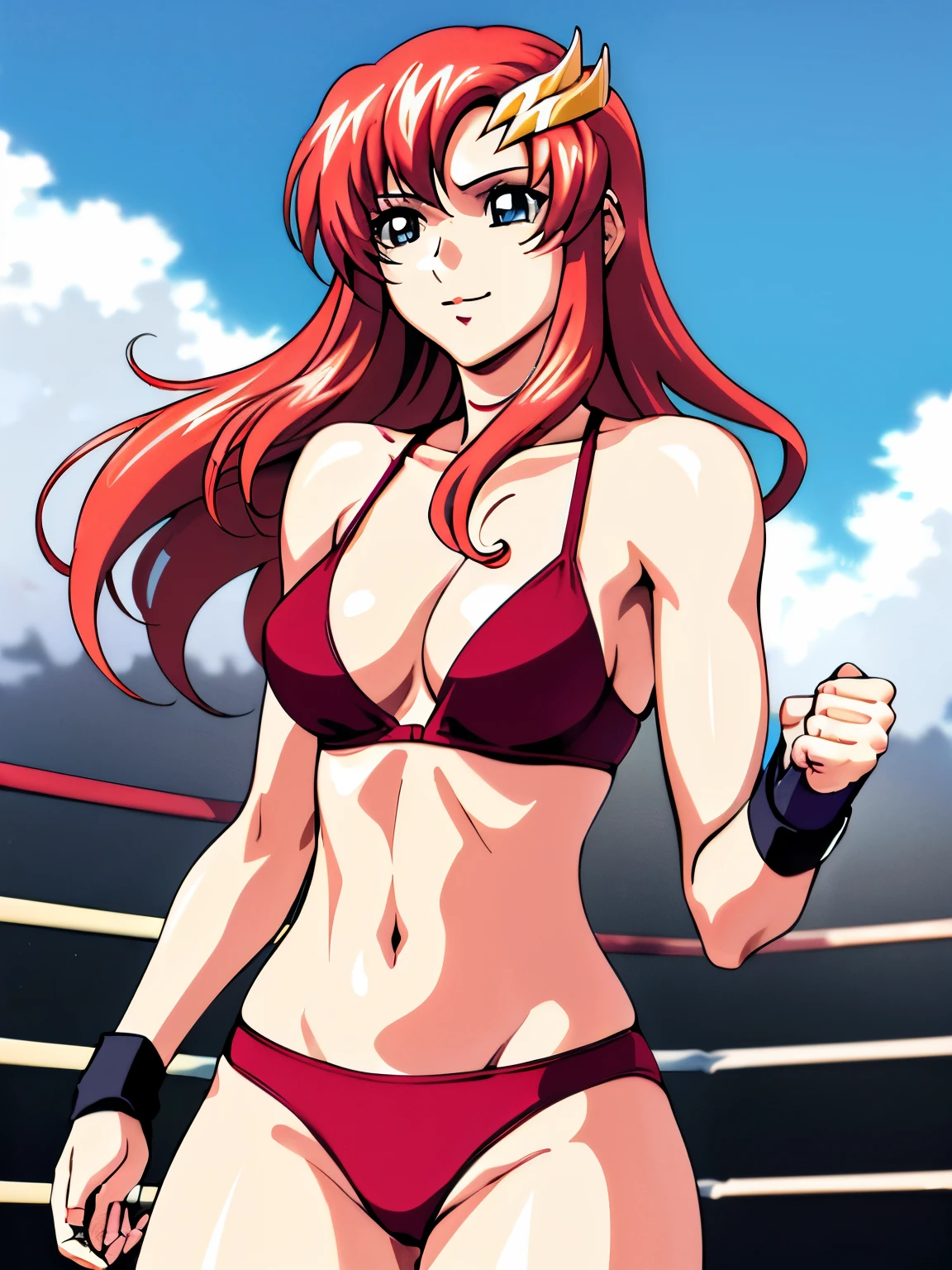lacus4, (red bikini, running, thong, thin girl, masterpiece, cowboy shot, very slim shoulders, 4K, Best Quality, Anime style: 1.9, happy, Adult Woman, (ultra detailed head), (wrestling arena with crowd, cloud background), Drawing lines, high resolution, lacus4), 1girl, Solo, curvy figure, clavicle, scapular, (Detailed wide hair bangs, Hair Ornament, Detailed reddish-pink hair, shiny streaks, slim arms, detailed golden crest), cleavage, large hands, (hair cover shoulders). (Big blue eyes, shiny eyes), ((female wrestler, (slim body), slim arms, closed fists, thighs)), ((perfect proportions, medium-small breasts, medium thighs, long belly)), ((totally red bra)), smile with a wink, (standing, hot colors), detailed fingers, (bare shoulders)