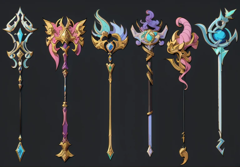 A set of different weapons in different colors and designs, Magic wand, Weapon concept art, Fantasy RPG Weapon Art, world of warcraft blizzard weapon art, dragon staff, epic Fantasy Weapons art, Weapon concept art, Weapon Concept Design, Fantasy Weapons, Hearthstone weapon art, Weapon design, dragon staff, Magical Crafts and Weapons, wizard Magic wand、myth、