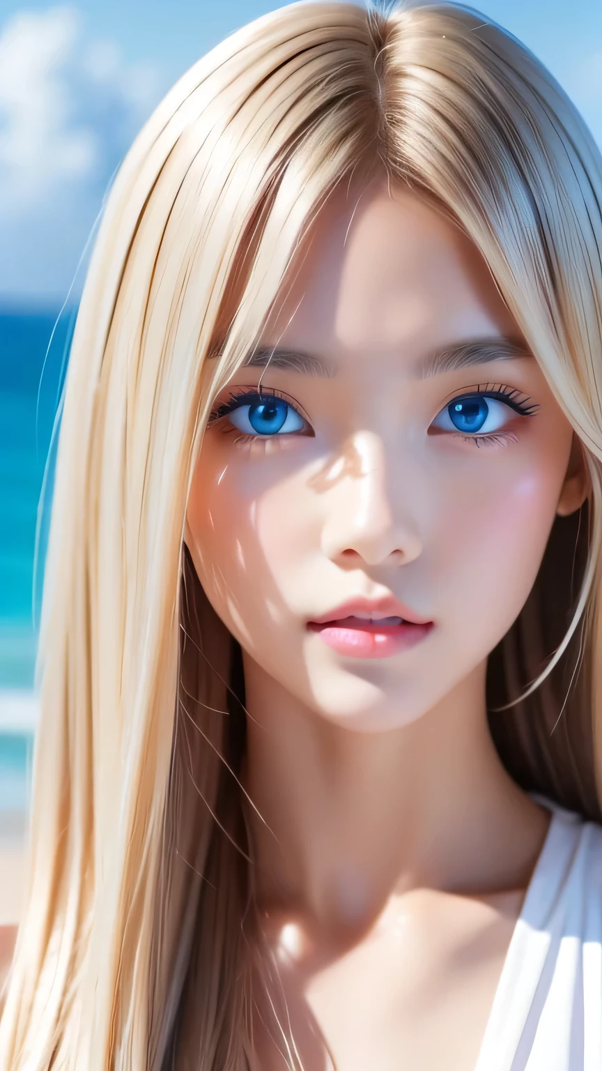 Perfect beautiful face、Beautiful cute girl 20 years old、Sexy and very beautiful cute face、Beautiful cute sexy sky blue eyes、Very super long beautiful shiny silky straight pearl blonde hair、Super long beautiful bangs、White skin、Glossy Skin、Gloss Face、Cheek gloss highlighter、Hair above the eyes、片Hair above the eyes、Hair between the eyes、Hair on the face