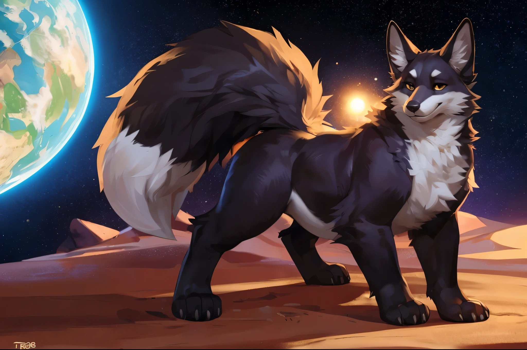[by wizzikt], nsfw, Female, solo, wolf, fluffly, furry, 18 years old, perfect proportions, beautifull drawing, masterpiece, "In the middle of endless dunes a female zoroark stands, the female zoroark wears a sensual but practical outfit, with light fabrics that flutter in the wind. As she walks across the golden sand, the camera captures her silhouette against a starry sky. It is a scene where beauty merges with the vastness of the desert landscape."