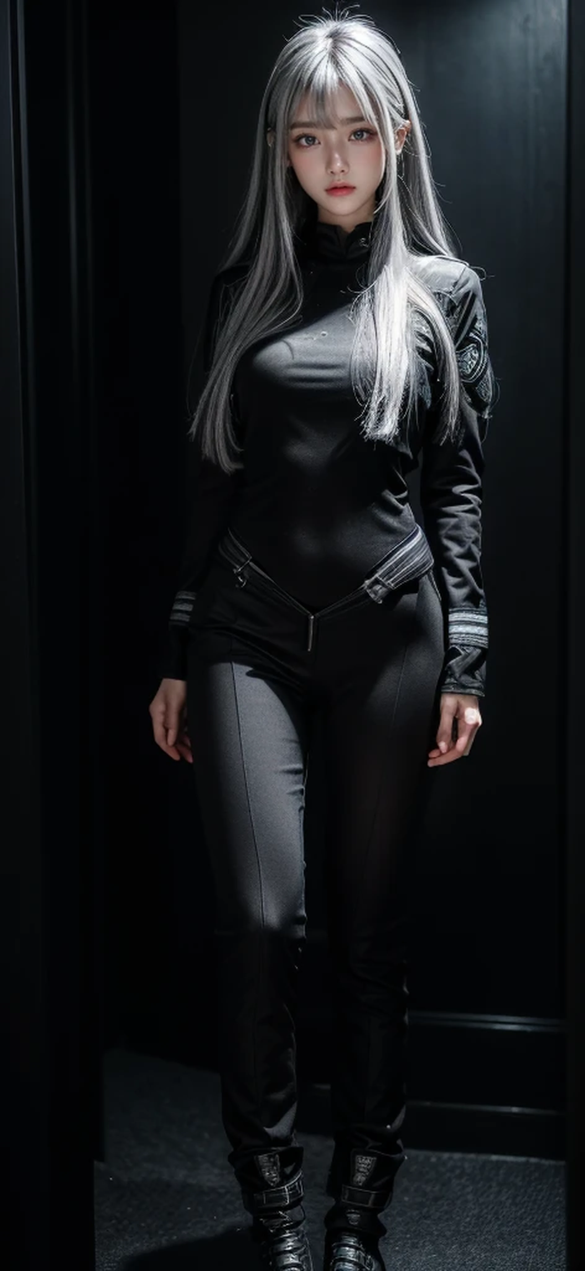 (Lana Kane)African American female,Upper body shot,long black hair, gorgeous eyes, high arched eyebrows, seductive look,looking at viewer,big breasts,exposed cleavage,big hips(white leather front zipper jumpsuit exposed cleavage open to waistline:1.5), black leather pants, stilettos, midnight modern metropolis Paris France neon signs background, spot lighting, backlight on hair, shallow depth of field, bokeh, sexy pose(no nsfw images)