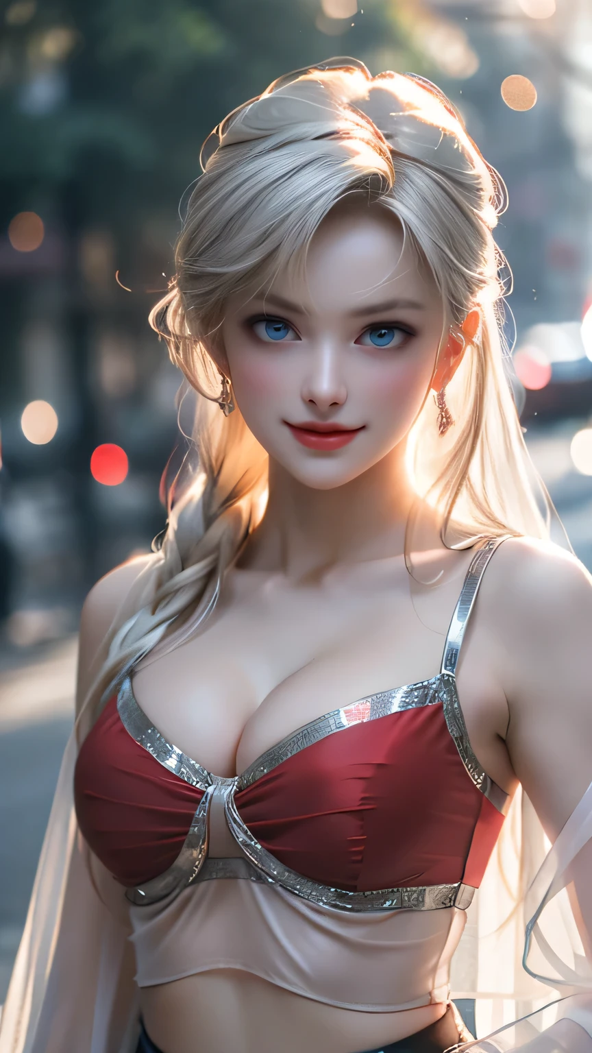 (best quality,ultra-detailed,photo-realistic:1.37),Bright and Vibrant colors,studio lighting,playful expression,stylish makeup,Police woman, pin up style uniform, ((translucent RED sheer top )),Slim Figure, Medium BREAST, high fashioned, amazing cleavage, silver hair flowing in the wind,alluring eyes,glossy lips,sexy pose, smiling in a confident and seductive way, posing for a professional photoshoot, shallow depth of field, highlighting the main subject, soft natural lighting, creating a dreamy and magical atmosphere.