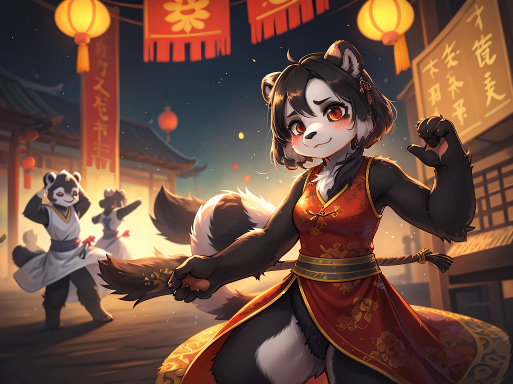 Ink painting , Hallucination, daydream , bokeh , hairy fur , messy slender panda girl , china dress , Chest protrusion , Chinese Panda pattern face , Kung Fu action , Do Tai Chi , Fluttering in the wind