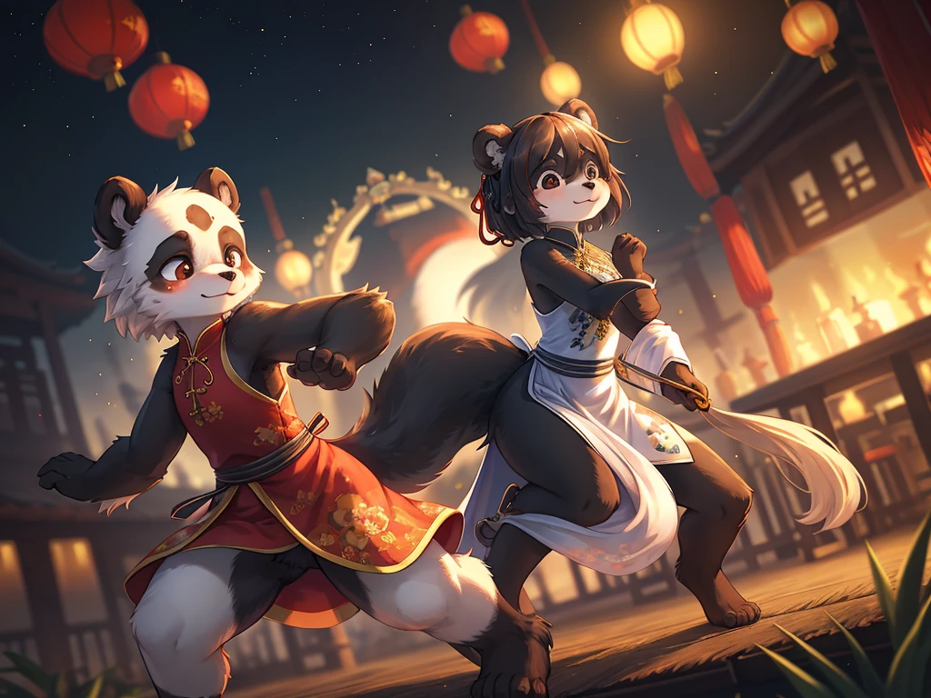 Ink painting , Hallucination, daydream , bokeh , hairy fur , messy slender panda girl , china dress , Chest protrusion , Chinese Panda pattern face , Kung Fu action , Do Tai Chi , Fluttering in the wind