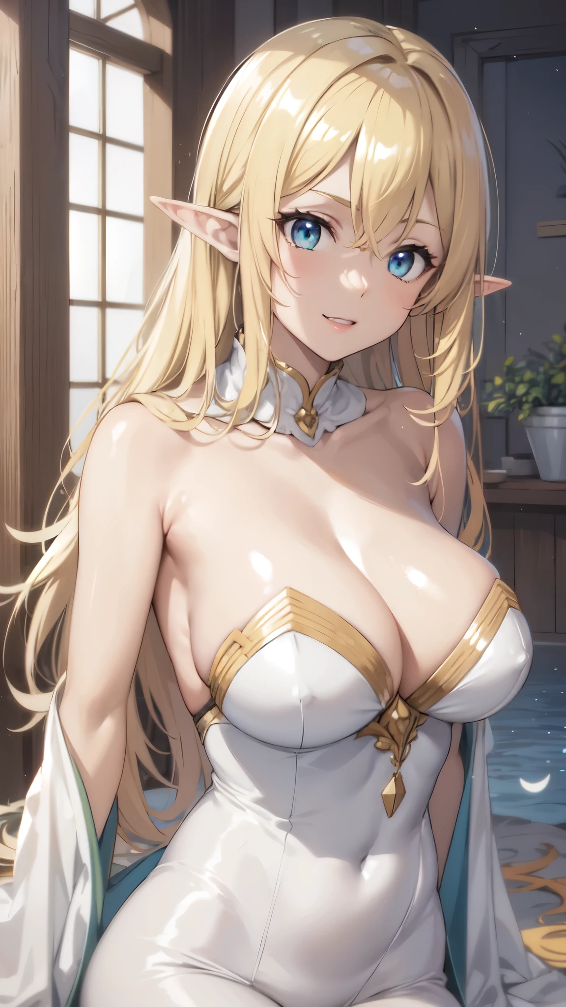 (Upper Body:1.3),medium shot,anime,masterpiece,gravure, 8k,Realistic, Beautiful woman,Elegant mature elven woman, Elf Ears,blue eyes, gravureポーズ,(Aesthetic Anime Eyes:1.3),(large breasts),Blonde Hair,White Dress, (White bodysuit), smile,Beautiful breasts,8K resolution, High quality CG, Beautiful CG, Soft Light,looking at viewer,(24-years-old),witch,