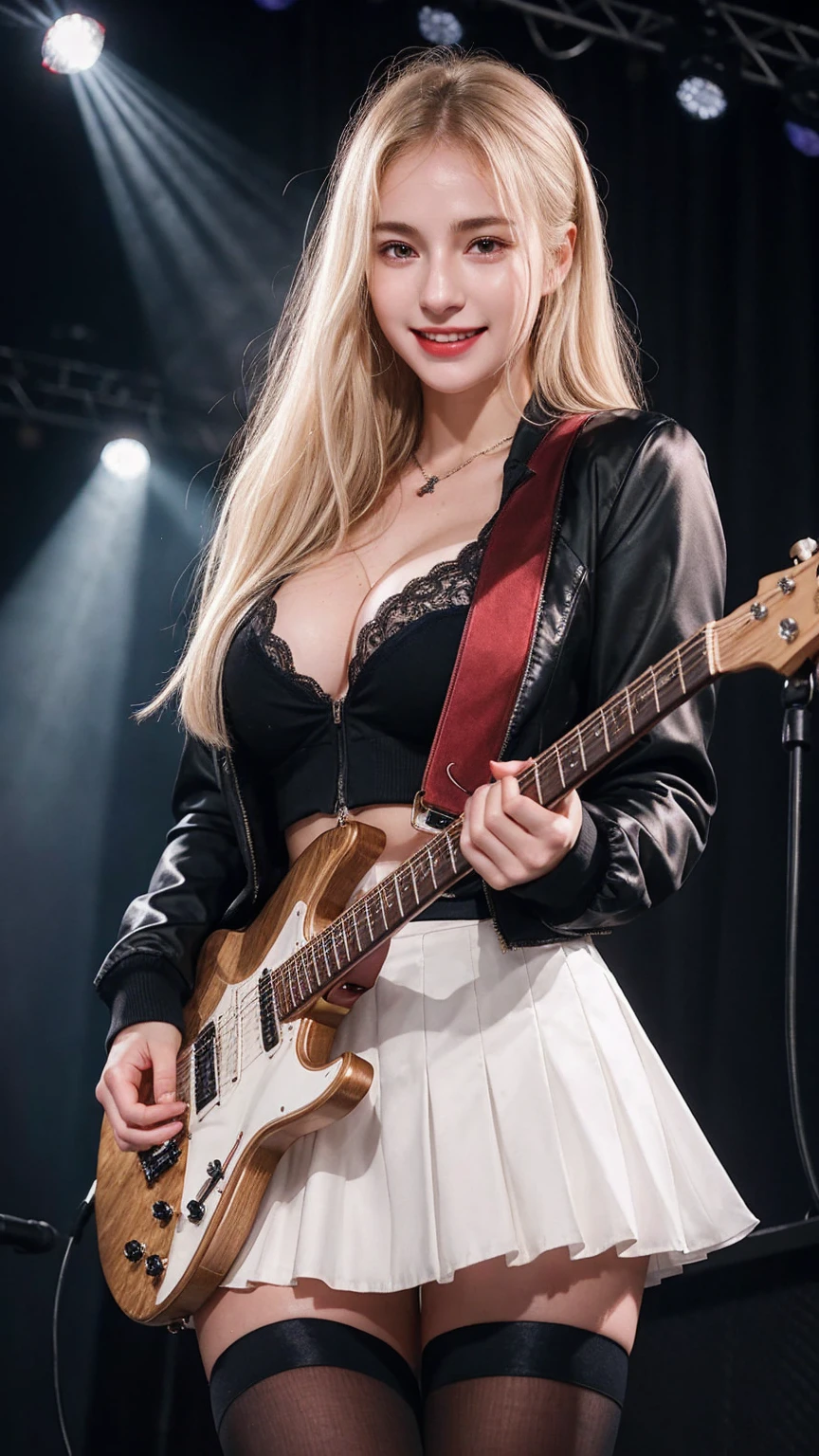 ((best quality)), photorealistic, photorealism, Photorealistic, high resolution, school girl blazer、 black lace bra 、Red checked knee-length skirt、Long skirt、JK Style、Jacket、smile、Knee-high socks、Thigh-high socks、pantyhose、A superb beauty、Super cute、ennui、Rare beauty、pony tail hair、Black Dark Eyeshadow、Sad、white skin、pale skin、pony tail hair、Dark Gothic Makeup、Cute Smile、Fragrant beauty、Stained glass background、Mastepiece、Best Quality、Refers to 5 books、Sweat glistening on my chest、Sweat glistening on my face、Small breasts、Blonde hair、Age 20 years old、Mysterious look、A sad expression、Blonde Hair、mysterious gothic church、enchanting castle、Sweating profusely all over the body、A lot of sweat and light on the thighs、Shiny thighs、Plenty of sweat glistening on the thighs、A large amount of sweat glistens on my thighs、Sweating profusely、Gal、Medium breasts、beautiful face、Alluring expression、Thin thighs、Playing electric guitar、I have an electric guitar、Sing a song enthusiastically、Playing guitar in a band、Playing guitar chords、Live House Background、Sing a song、Open your mouth、Live house scenery、Mike stand、Glamorous live stage、Dynamic Angle、cinematic lighting