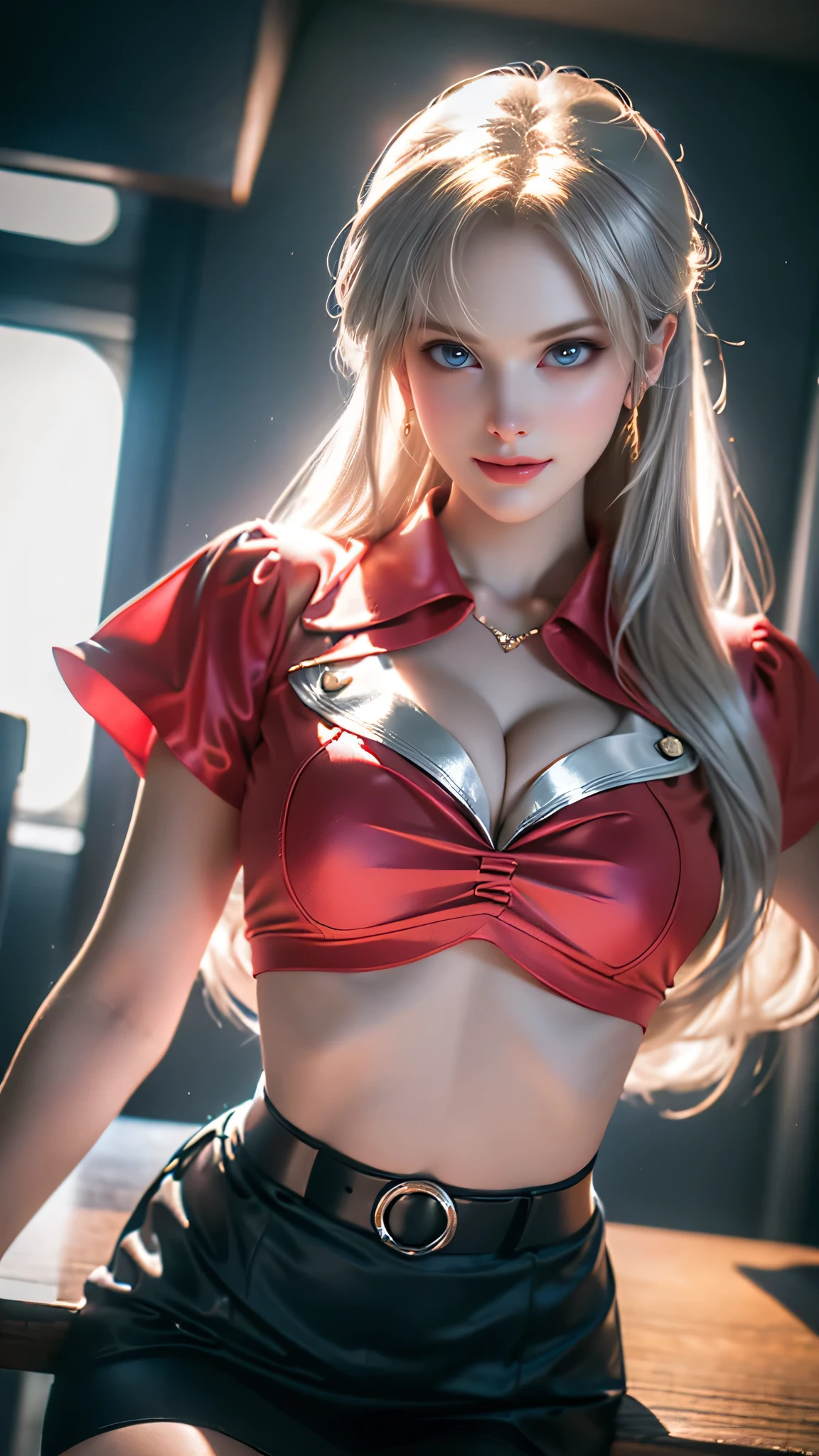 (best quality,ultra-detailed,photo-realistic:1.37),Bright and Vibrant colors,studio lighting,playful expression,stylish makeup,Police woman, pin up style uniform, ((RED Top)),Slim Figure, Medium BREAST, high fashioned, amazing cleavage, silver hair flowing in the wind,alluring eyes,glossy lips,sexy pose, smiling in a confident and seductive way, posing for a professional photoshoot, shallow depth of field, highlighting the main subject, soft natural lighting, creating a dreamy and magical atmosphere.