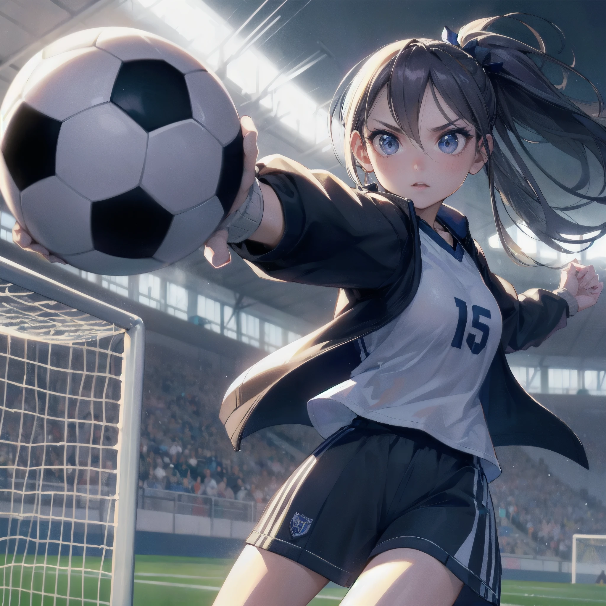 masterpiece, (textured skin), best quality, gorgeous beautiful girl, (a female soccer athlete), detailed clothes,large breasts,narrow waist,, (beautiful face), cinematic lighting, (at soccer venue),