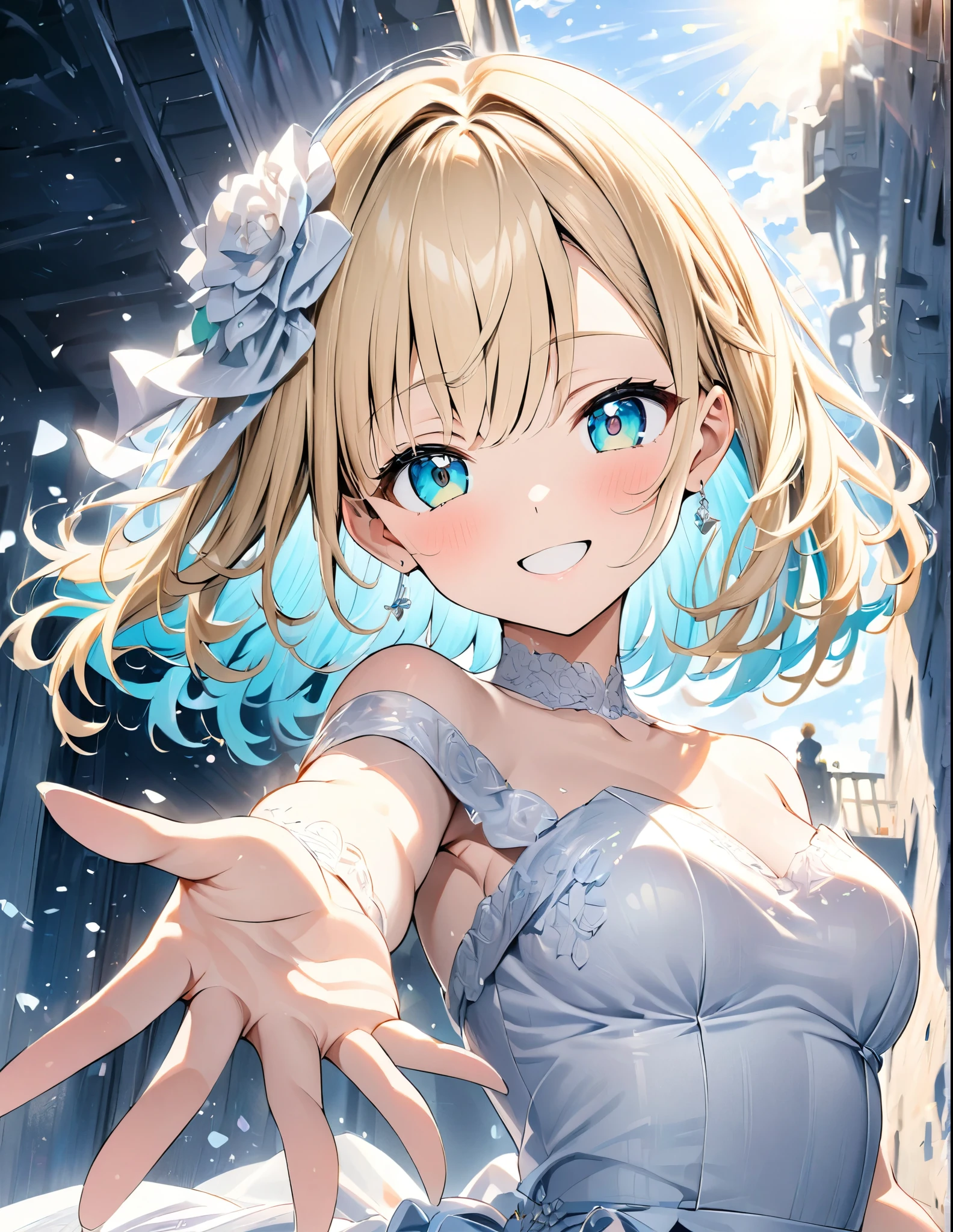 ((style:Colored pencil,pale colour))、(anime)、(masterpiece:1.2),atmospheric perspective,lens flare、White world。Light color、Wedding dress、Blonde、Emerald Eyes、cute、Backlight、Reaching out、Smile、Under the clear blue sky