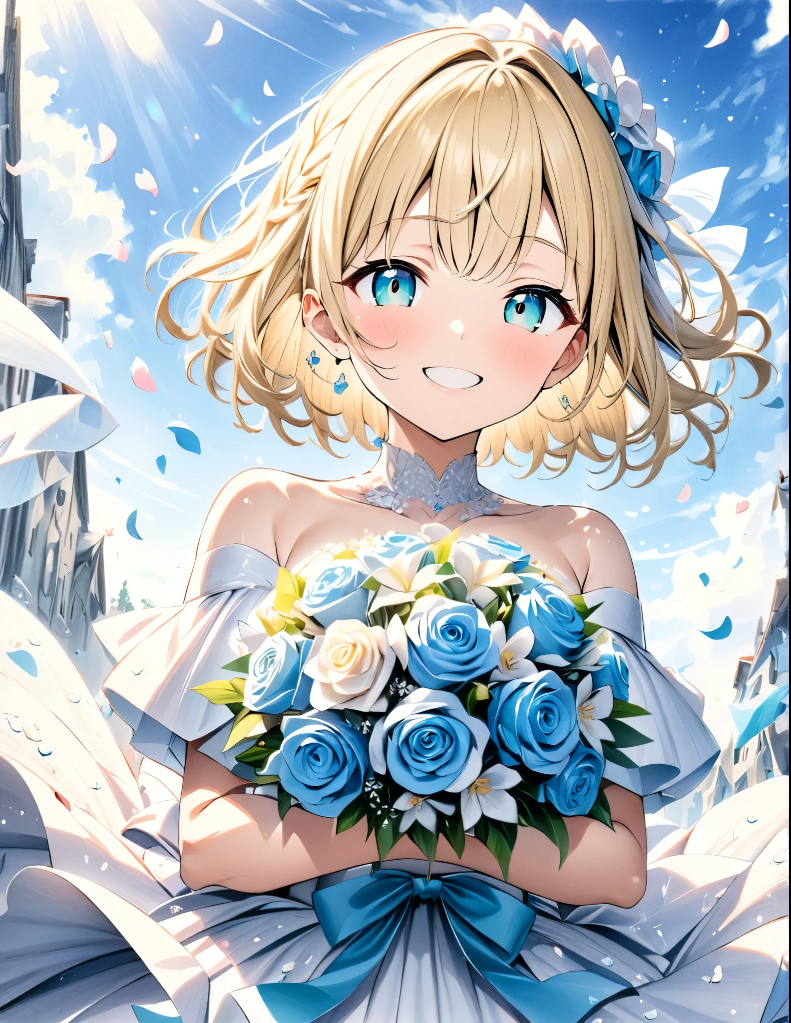 ((style:Colored pencil,pale colour))、(anime)、(masterpiece:1.2),atmospheric perspective,lens flare、White world。Light color、Wedding dress、Blonde、Emerald Eyes、cute、Backlight、Smile、Under the clear blue sky、Throwing bouquets、Petals flutter around、Fantastic works