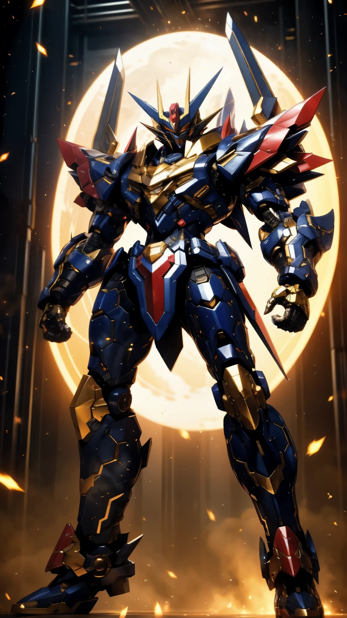 Humanoid Mecha, fully enclosed shoulder guards, matching arm and leg guards, full body, full armor, super robot, the design balances heavy with agility, (the color scheme is primarily white with red and blue accents, the concept Inspired by super robot, Lion concept chest armor, pose, standing, floating high above the futuristic sci-fi city), exquisite and mature art style, (aura effect, energy, glowing eyes, the armor glows), ((SRS)), metallic, dramatic, high definition, best quality, highres, ultra-detailed, ultra-fine painting, extremely delicate, professional, perfect body proportions, anatomically correct, symmetrical face, extremely detailed eyes and face, high quality eyes, creativity, RAW photo, UHD, 32k, Natural light, cinematic lighting, masterpiece-anatomy-perfect, masterpiece:1.5