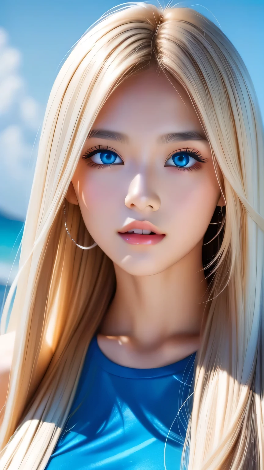 Perfect beautiful face、Beautiful cute girl 20 years old、Sexy and very beautiful cute face、Beautiful cute sexy sky blue eyes、Very super long beautiful shiny silky straight pearl blonde hair、Super long beautiful bangs、White skin、Glossy Skin、Gloss Face、Cheek gloss highlighter、Hair above the eyes、片Hair above the eyes、Hair between the eyes、Hair on the face