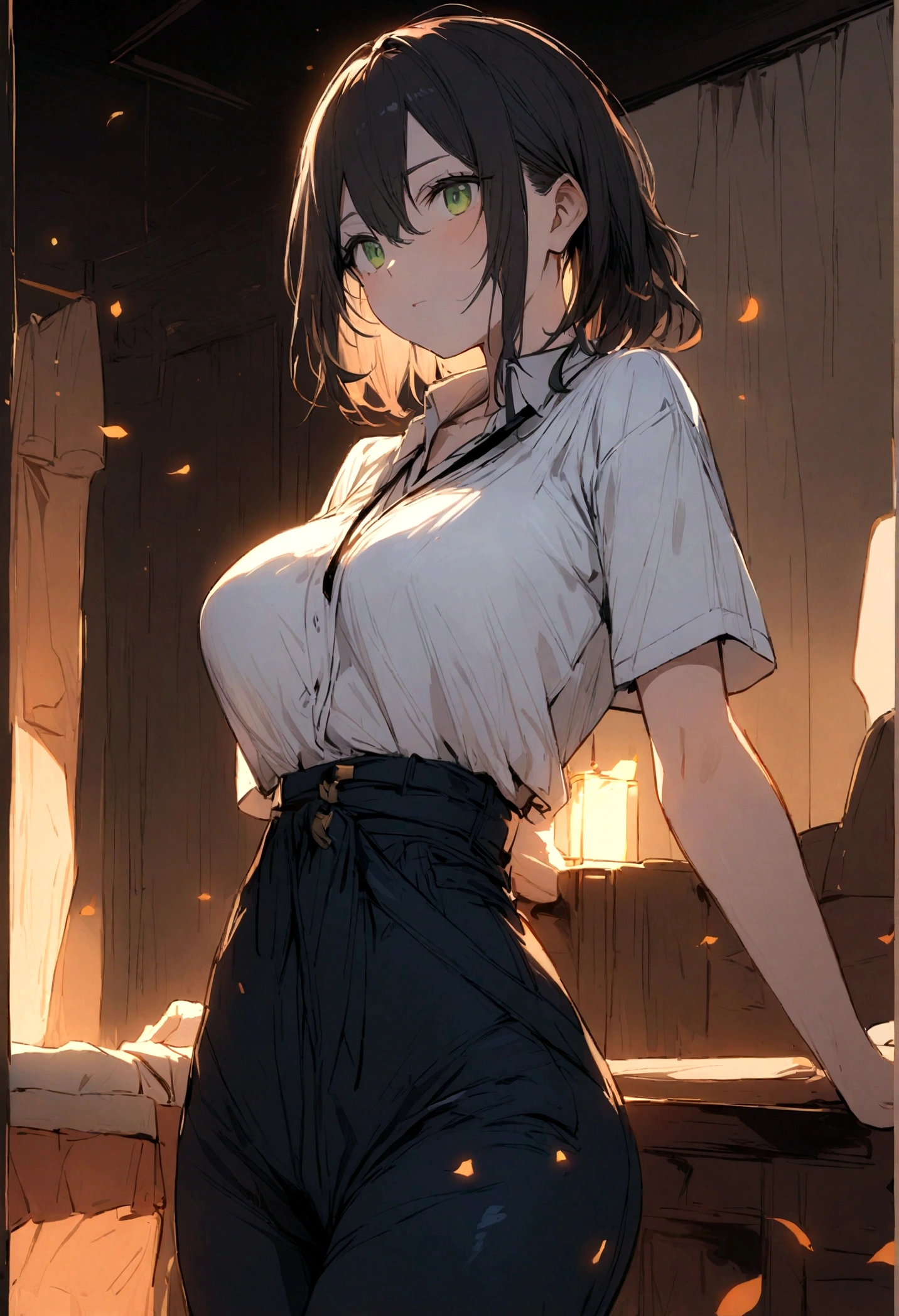 (4K,Masterpiece,Best Quality,super Detail,High Details,Textured Skin,Highres,Anatomically Correct).
- Character Name: Mary
- Physical description:
 - Age: 35 years old
 - Hair: brown hair, short and straight
 - Green eyes
 - Clear Skin
 - Height: 1.70m
 - Body Type: Generous bust,Large breasts,Full breasts,Slim waist,Well-defined waist,Smooth curves,Well defined hips,Proportional hips,Erotic curves
 - Clothes: white t-shirt with a small logo on the chest, tight blue jeans, white sneakers
 - Distinctive features: small black dot on left cheek
- Setting: [A dimly lit luxurious and sensual double bedroom]
- Actions: [She must be standing in front of the bed in the room in a confident position displaying her body with pride and expectation]
- Tags: physical consistency, same appearance, same character.

