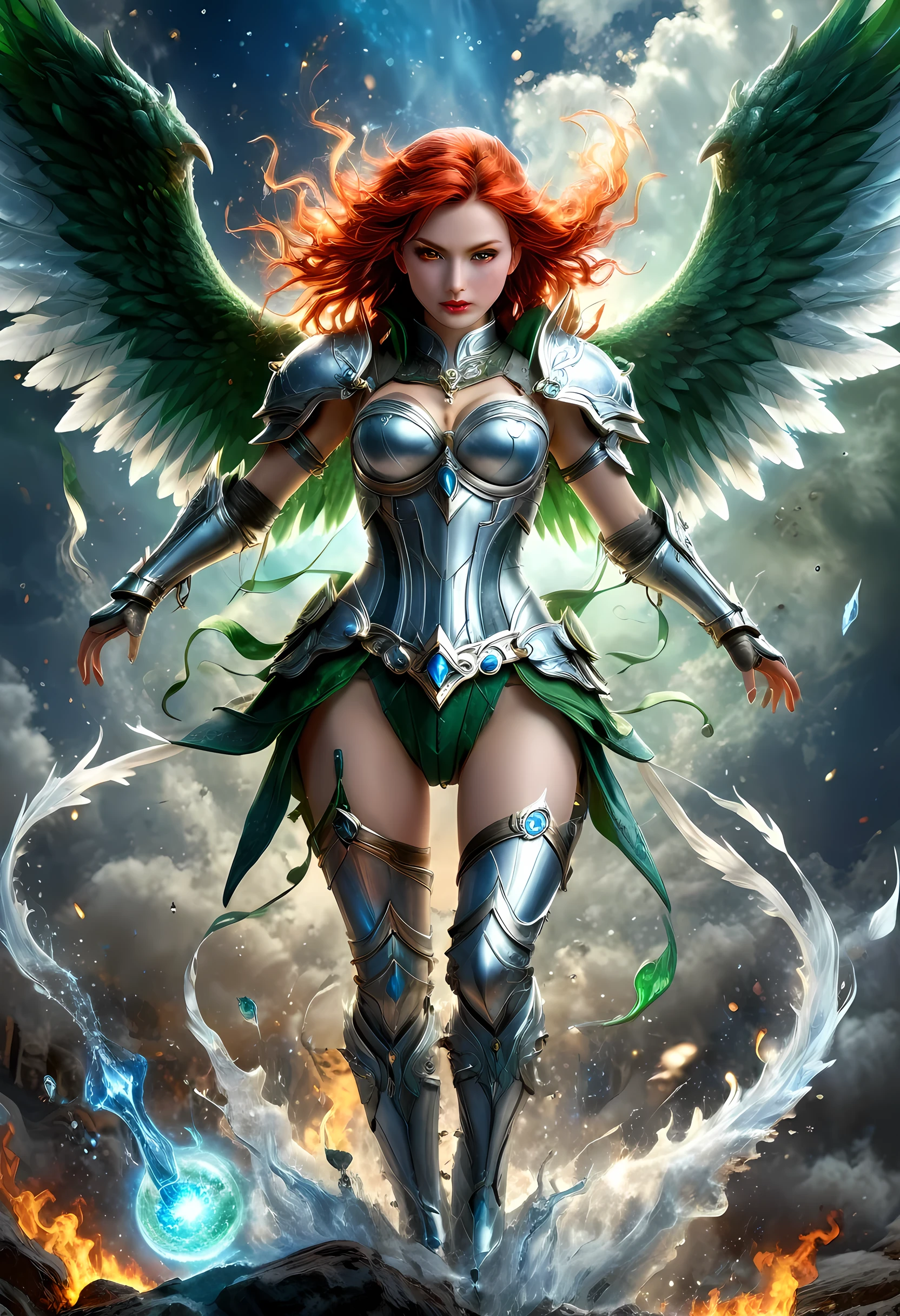 16k, ultra detailed, masterpiece, best quality, (extremely detailed), arafed, dnd art, panoramic view, full body, aasimar, female, (Masterpieceת intense details:1.3), female, sorceress, casting flaming spell(Masterpieceת intense details:1.3) large angelic wings, (azure: 1.3) angelic wings spread (Masterpieceת intense details:1.3), fantasy magical heaven background (Masterpieceת intense details:1.3), moon, stars, clouds, wearing white armor (Masterpieceת intense details:1.3), high heeled boots (Masterpieceת intense details:1.3), armed with staff, (red hair: 1.4), (green eyes: 1.4), intense eyes, ultra feminine, ultra detailed face, (Masterpieceת intense details:1.5), (anatomically correct: 1.5), determined face, divine light, cinematic lighting, soft light, silhouette, photorealism, panoramic view ((Masterpieceת intense details:1.3) , Wide-Angle, Ultra-Wide Angle, 16k, highres, best quality, faize, 3D rendering