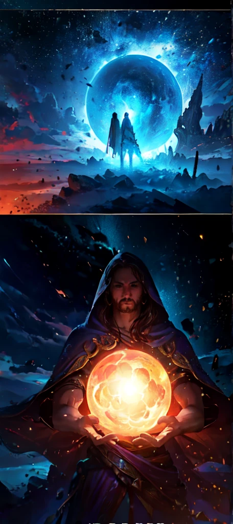 high detailed fantasy landscape, a huge cosmos in the background, a deity figure in the center holding the earth and sky with their hands, detailed gods robe, intricate patterns and symbols, glowing energy emanating from the deity, cinematic dramatic lighting, epic fantasy illustration, vibrant colors, photorealistic, (best quality,8k,highres,masterpiece:1.2),ultra-detailed,(realistic,photorealistic,photo-realistic:1.37),concept art