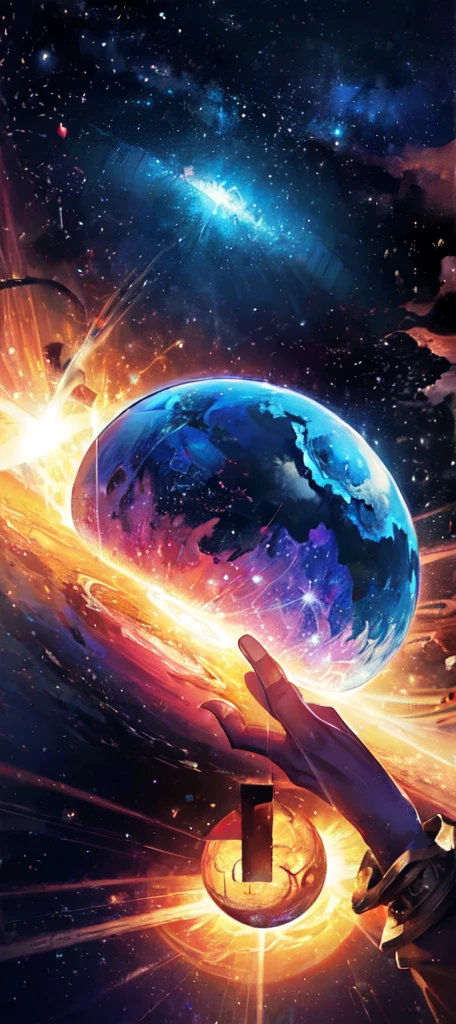 high detailed fantasy landscape, a huge cosmos in the background, a deity figure in the center holding the earth and sky with their hands, detailed gods robe, intricate patterns and symbols, glowing energy emanating from the deity, cinematic dramatic lighting, epic fantasy illustration, vibrant colors, photorealistic, (best quality,8k,highres,masterpiece:1.2),ultra-detailed,(realistic,photorealistic,photo-realistic:1.37),concept art