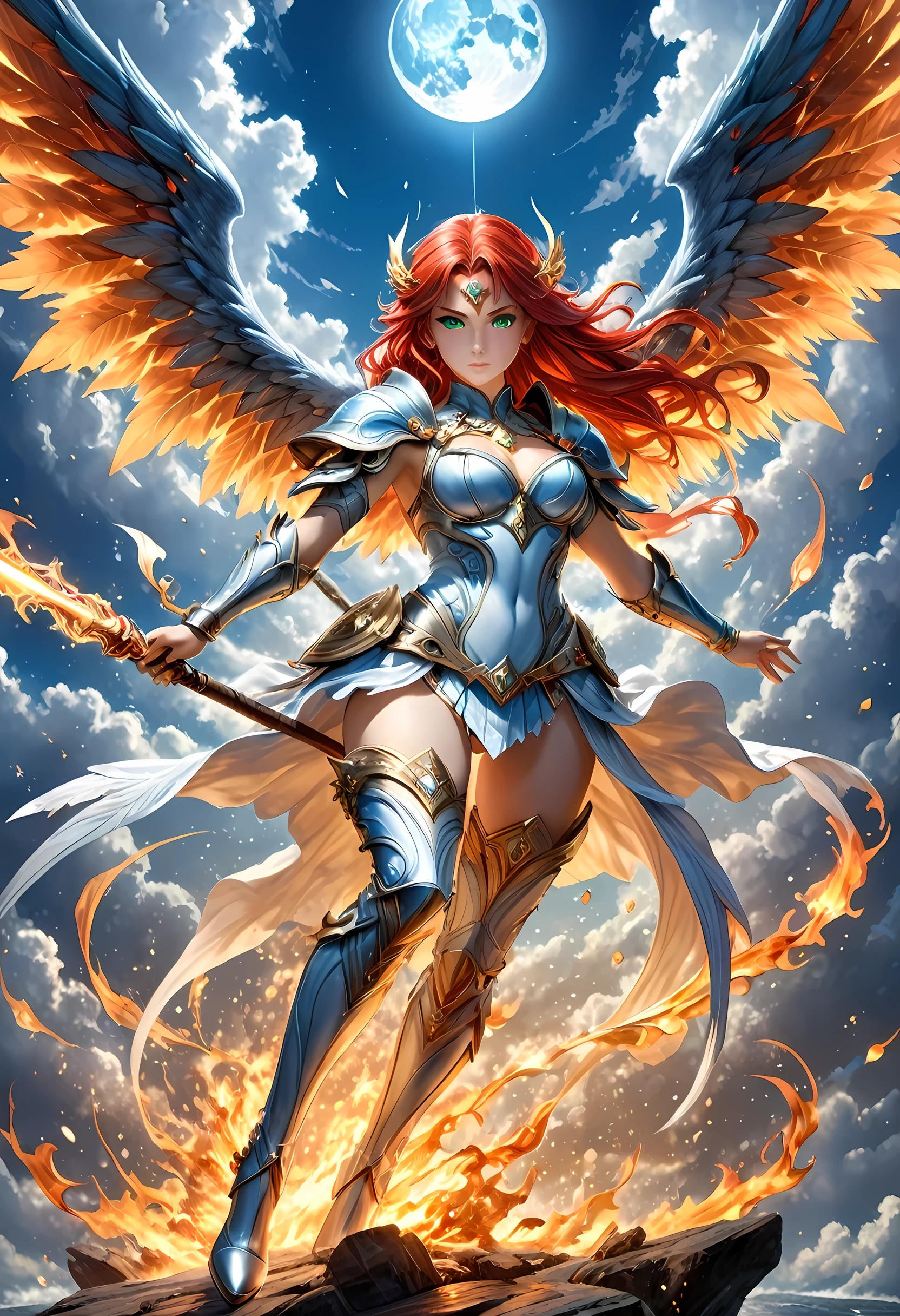 16k, ultra detailed, masterpiece, best quality, (extremely detailed), arafed, dnd art, panoramic view, full body, aasimar, female, (Masterpieceת intense details:1.3), female, sorceress, casting flaming spell(Masterpieceת intense details:1.3) large angelic wings, (azure: 1.3) angelic wings spread (Masterpieceת intense details:1.3), fantasy magical heaven background (Masterpieceת intense details:1.3), moon, stars, clouds, wearing white armor (Masterpieceת intense details:1.3), high heeled boots (Masterpieceת intense details:1.3), armed with staff, (red hair: 1.4), (green eyes: 1.4), intense eyes, ultra feminine, ultra detailed face, (Masterpieceת intense details:1.5), (anatomically correct: 1.5), determined face, divine light, cinematic lighting, soft light, silhouette, photorealism, panoramic view ((Masterpieceת intense details:1.3) , Wide-Angle, Ultra-Wide Angle, 16k, highres, best quality, faize, 3D rendering