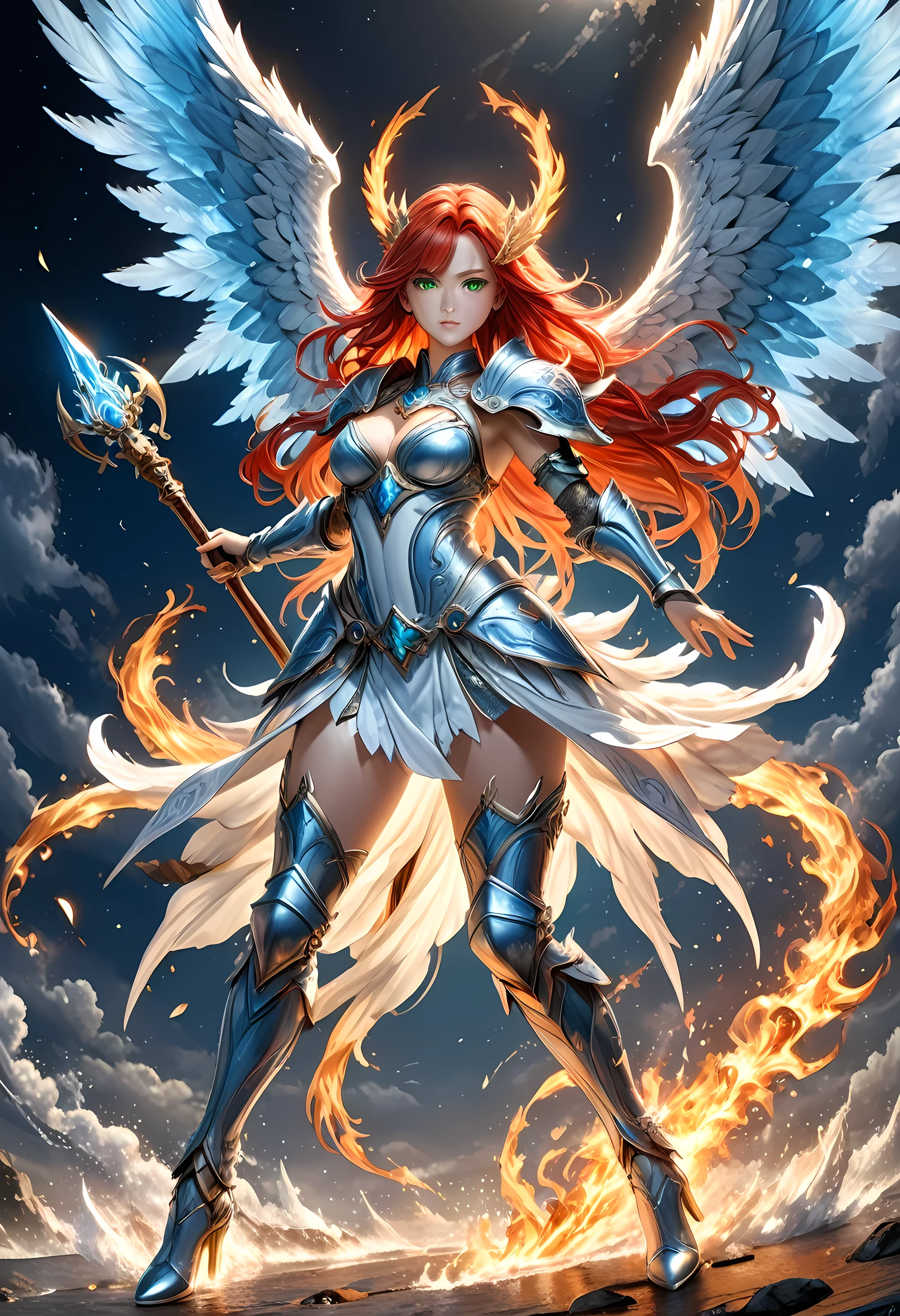 16k, ultra detailed, masterpiece, best quality, (extremely detailed), arafed, dnd art, panoramic view, full body, aasimar, female, (Masterpieceת intense details:1.3), female, sorceress, casting flaming spell(Masterpieceת intense details:1.3) large angelic wings, (azure: 1.3) angelic wings spread (Masterpieceת intense details:1.3), fantasy magical heaven background (Masterpieceת intense details:1.3), moon, stars, clouds, wearing white armor (Masterpieceת intense details:1.3), high heeled boots (Masterpieceת intense details:1.3), armed with staff, (red hair: 1.4), (green eyes: 1.4), intense eyes, ultra feminine, ultra detailed face, (Masterpieceת intense details:1.5), (anatomically correct: 1.5), determined face, divine light, cinematic lighting, soft light, silhouette, photorealism, panoramic view ((Masterpieceת intense details:1.3) , Wide-Angle, Ultra-Wide Angle, 16k, highres, best quality, faize, 3D rendering
