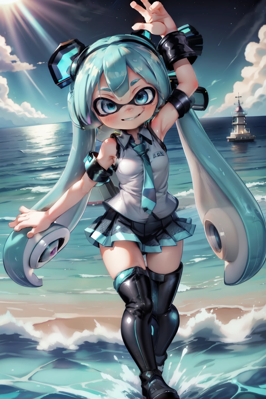 ((masterpiece)),(highest quality),Official Art,Highly detailed CG,unity 8k wallpaper,Super detailed,Lighthouse on top of a cliff by the sea,Splatoon Girl,alone,Cowboy Shot,Hatsune Miku, Hatsune Miku Cosplay、Raise your arms、Waving to the audience、gigantic breast、View Viewer,Black sleeves,Sleeveless shirt,White shirt,fringe,smile,Black knee socks,Twin-tailed tentacle hair,Very long tentacle hair,Aqua Eye,Aqua Hair,Removable sleeves,Micro Mini Skirt,aqua necktie,Thigh-high boots,(((From above)))、