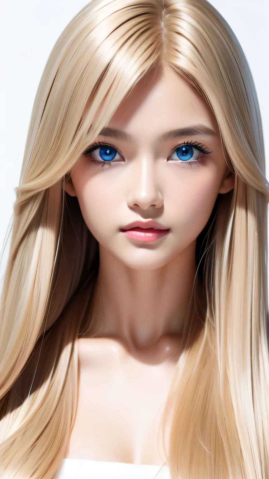 Perfect beautiful face、Beautiful cute girl 20 years old、Sexy and very beautiful cute face、Beautiful cute sexy sky blue eyes、Very super long beautiful shiny silky straight pearl blonde hair、Super long beautiful bangs、White skin、Glossy Skin、Gloss Face、Cheek gloss highlighter、Hair above the eyes、片Hair above the eyes、Hair between the eyes、Hair on the face