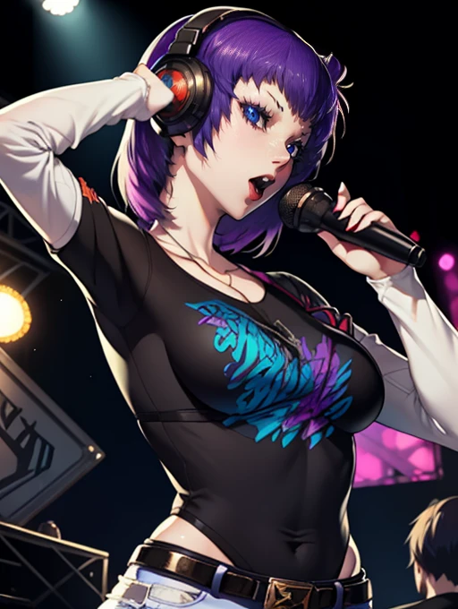shez, purple hair,hair over one eye,earrings ,lipstick, eye shadow, makeup, 1girl, solo, black t-shirt, white shirt, blue jeans, belt, lipstick, large breasts, layered sleeves, sexy pose, holding a microphone, singing, stage background, headphones