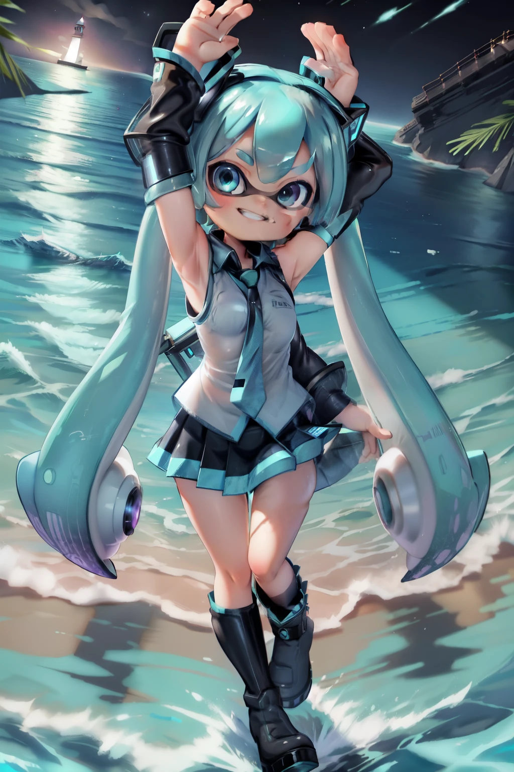 ((masterpiece)),(highest quality),Official Art,Highly detailed CG,unity 8k wallpaper,Super detailed,Lighthouse on top of a cliff by the sea,Splatoon Girl,alone,Cowboy Shot,Hatsune Miku, Hatsune Miku Cosplay、Raise your arms、Waving to the audience、gigantic breast、View Viewer,Black sleeves,Sleeveless shirt,White shirt,fringe,smile,Black knee socks,Twin-tailed tentacle hair,Very long tentacle hair,Aqua Eye,Aqua Hair,Removable sleeves,Micro Mini Skirt,aqua necktie,Thigh-high boots,(((From above)))、