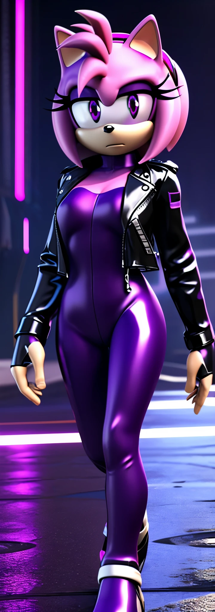 Solo, 1girl, full body image, rendered in SFM, ((sonic oc:1)), from sonic, high detail iconic character, in the new action-movie sonic, cyberpunk city, official render, 3d render official art, toon shader, ((female)), (((purple hedgehog:1))), ((shiny)) (purple fur:1.0), (((Amy rose style quills))), (((metallic purple eyeliner))) ((deep purple eyes:1.5)), ((calm neutral expression)), ray trace 4 k, ray trace 4k, (((metallic purple latex bodysuit))), (((leather jacket))), ((fingerless gloves:0.9))