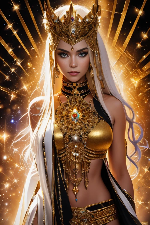 A dazzlingly adorned galactic pirate beautiful young blonde queen, every element exuding opulence amidst the cosmos: shimmering gold and silver robe, open hips and belly, black fur belt, intricate jewel-encrusted accessories, and a space-age cutlass emitting a soft ethereal glow. This vivid portrait in acrylic captures the essence of cosmic extravagance, with vibrant hues and meticulous details bringing the character to life. The image is rich in texture and depth, inviting viewers to immerse themselves in the world of this regal space rebel.